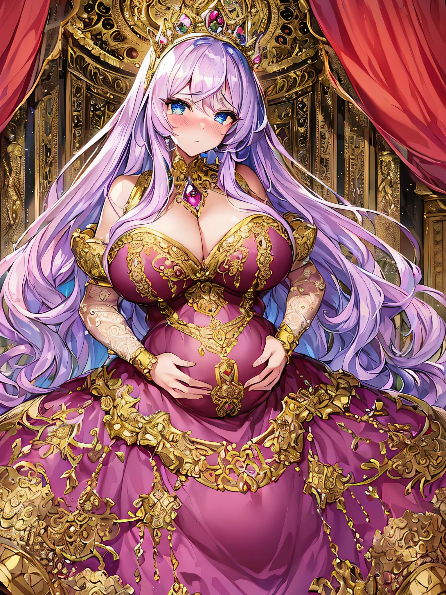 ((anime artstyle)),(Masterpiece),(Best Quality), (Super Detail),((Very Delicate and Beautiful)),(((Solo))),((full body)),(((1 bling-bling pregnant princess in beautiful embroidery and jeweled gorgeous rococo ball gown dress with voluminous full length hoop skirt))),(((heavily pregnant))),very big pregnant belly,((royal bedroom)),((bling-bling)),Long train,(bling-bling gorgeous gemstone jewelry),detailed face and eyes,jewel-like eyes,cry,((embarrassed)),((large amount of straight hair,extremely voluminous Very Long Hair,Very Long Straight Hair)),(((gigantic tits,Long tits))),cleavage,(gorgeousfull embroidery and lace),gorgeous corsage,See-through,extremely gorgeousfull hair ornament,((bling-bling extremely gorgeousfull jeweled tiara)),ornate ruffles,(hoop skirt,crinoline),((Dynamic Angle)),Looking at viewer,((full body)),((beautiful embroidery and jeweled extremely gorgeous rococo ball gown dress with voluminous full length hoop skirt))