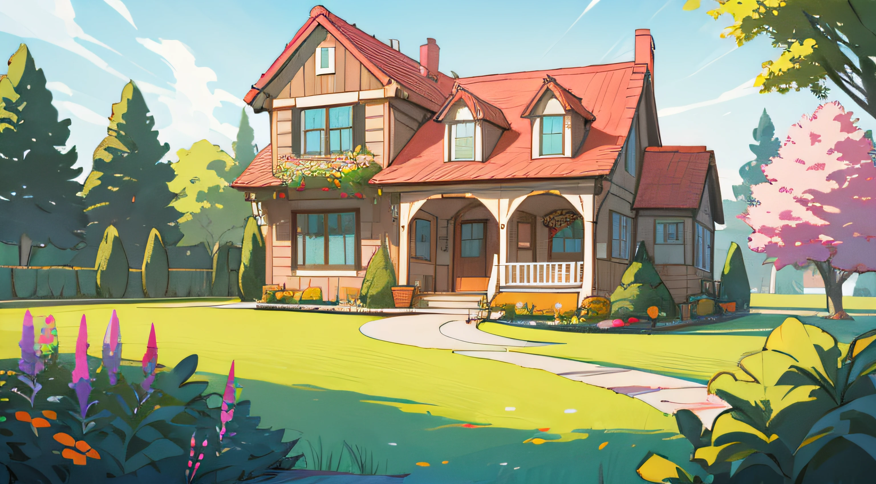colorful pretty yard, house