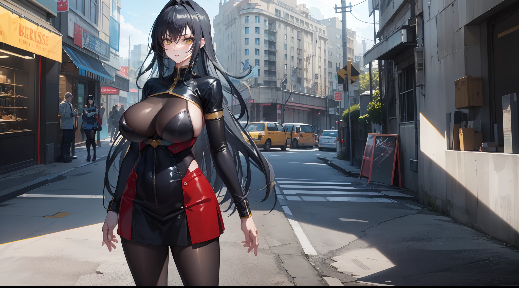 professional artwork, Intricate Details, field of view, sharp focus, detailed painting, photorealistic lighting, trending on pixiv, Standing at attention, black outfit ,yellow collared shirt,black and red bodysuit,skin_tight,black legwear, black pantyhose, Side_boob, black hair,very long hair, Bangs,yellow eyes,makeup, lipstick, 20yo,mature female,Beautiful Finger,Beautiful long legs,Beautiful body,Beautiful Nose,Beautiful character design, perfect eyes, perfect face, looking at viewer,official art,extremely detailed CG unreal engine 8k wallpaper, perfect lighting,Colorful, Bright_Front_face_Lighting, (masterpiece:1.0),(best_quality:1.0), ultra high res,4K,ultra-detailed, photography, 8K, HDR, highres, absurdres:1.2, Kodak portra 400, film grain, blurry background, (Beautiful,large_Breasts:1.4), (beautiful_face:1.5),(narrow_waist), (solo:1.4), ((landscape dimension)), rich detailed makeup, rich detailed eyeshadow, rich detailed lips, rich detailed lipstick, beautiful detail eyes