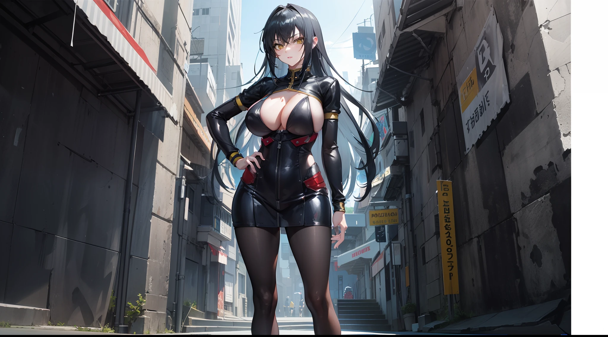 professional artwork, Intricate Details, field of view, sharp focus, detailed painting, photorealistic lighting, trending on pixiv, Standing at attention, black outfit ,yellow collared shirt,black and red bodysuit,skin_tight,black legwear, black pantyhose, Side_boob, black hair,very long hair, Bangs,yellow eyes,makeup, lipstick, 20yo,mature female,Beautiful Finger,Beautiful long legs,Beautiful body,Beautiful Nose,Beautiful character design, perfect eyes, perfect face, looking at viewer,official art,extremely detailed CG unreal engine 8k wallpaper, perfect lighting,Colorful, Bright_Front_face_Lighting, (masterpiece:1.0),(best_quality:1.0), ultra high res,4K,ultra-detailed, photography, 8K, HDR, highres, absurdres:1.2, Kodak portra 400, film grain, blurry background, (Beautiful,large_Breasts:1.4), (beautiful_face:1.5),(narrow_waist), (solo:1.4), ((landscape dimension)), rich detailed makeup, rich detailed eyeshadow, rich detailed lips, rich detailed lipstick, beautiful detail eyes