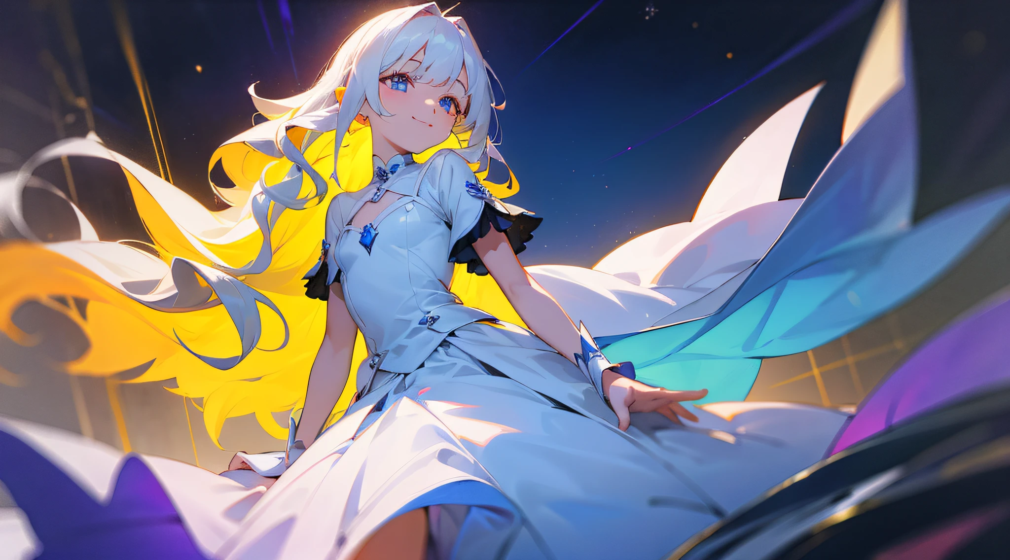 1girl, long curly white hair, colorfull eyes, wearing beautiful stylished dress, looking up to the viewer, viewed from about, laying in a nice soft bed on her back, petite body, smiling while closing one eye, biting her lib, the girl is reaching for the viewer with one arm, reflection from the night sky outside lightning up her beautiful eyes, high res, ultrasharp, 4k, masterpiece