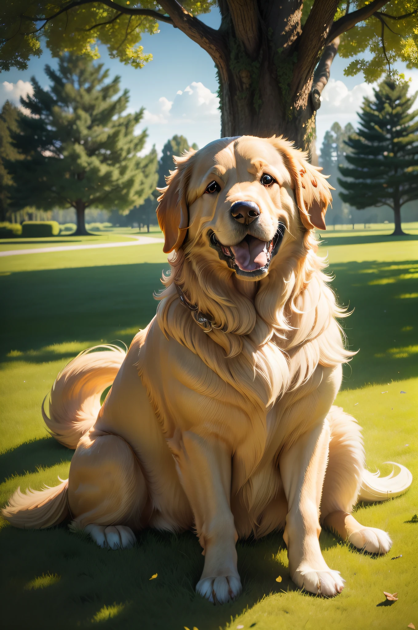 Golden retriever, sitting on lawn with a big tree in the distance, happy, smiling, masterpiece, 8k, high resolution, highest texture, better face, rich details, --v6