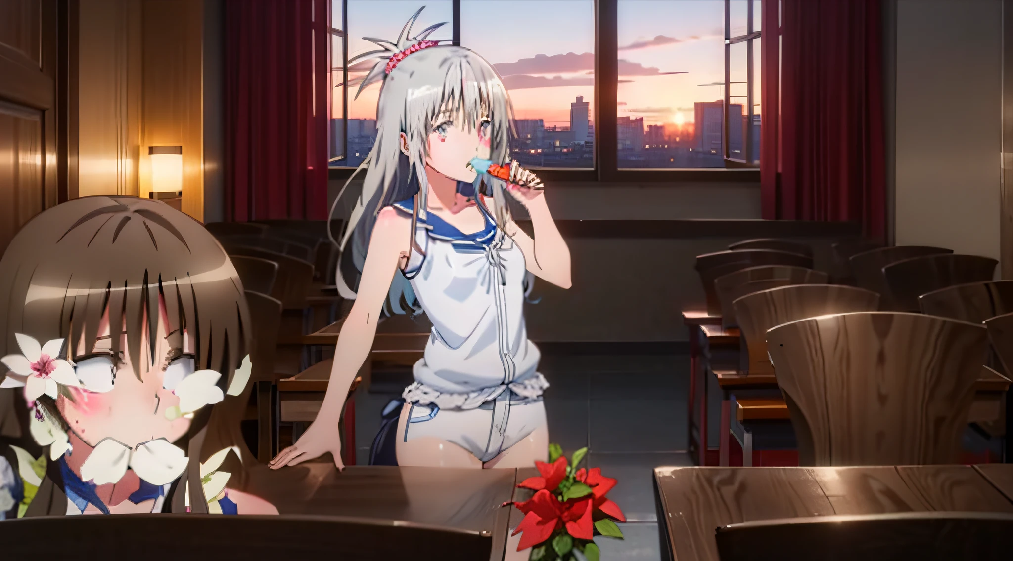 An anime girl with silver long hair that flows down to their hips, blood red eyes with flower pupils, set in a classroom illuminated by the soft sunrise from a window next to the girl. She is also eating a Gatorade bar.
