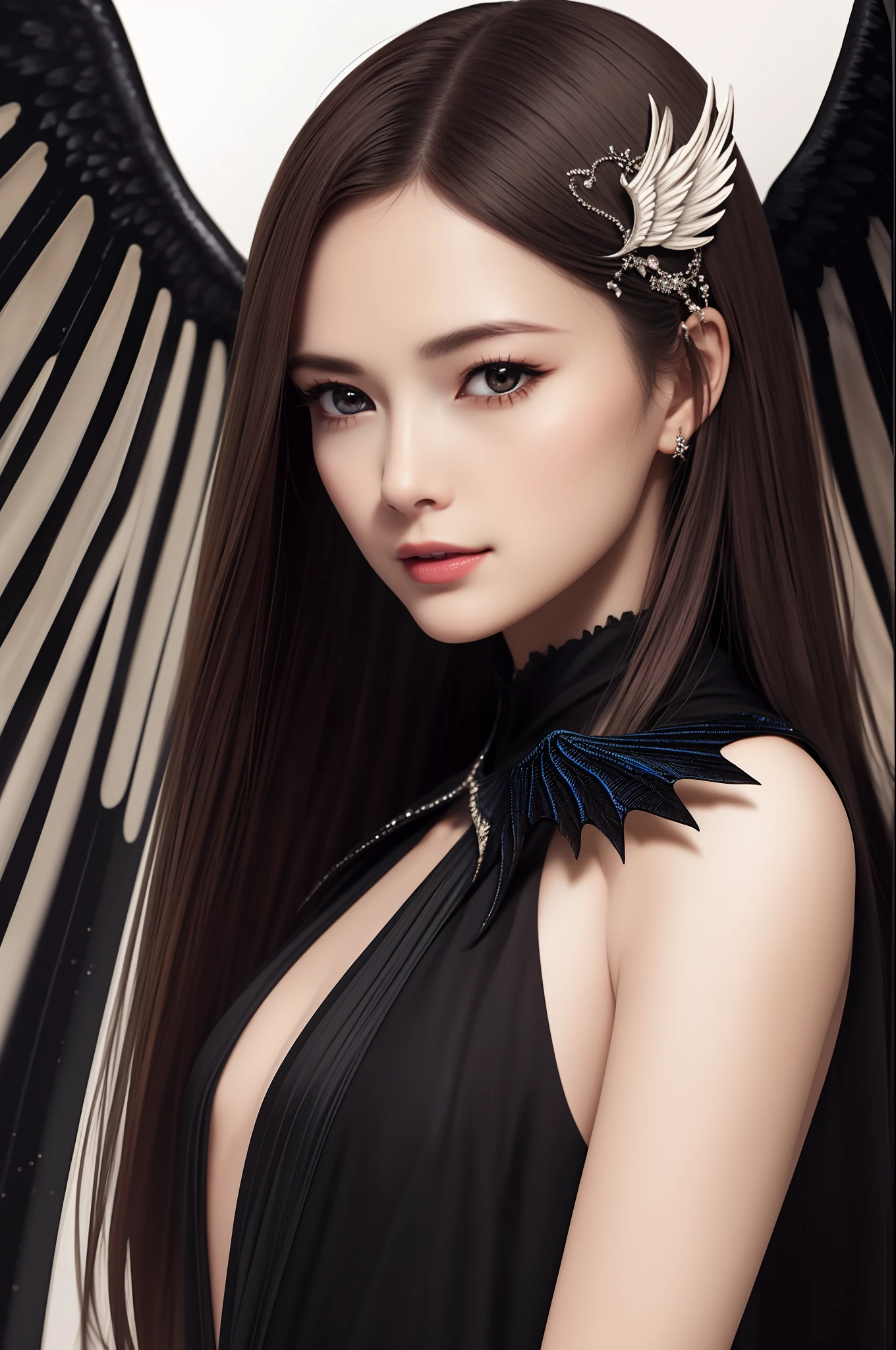 maiyan,(extremely detailed CG unity 8k wallpaper,masterpiece, best quality, ultra-detailed, beautiful detailed eyes:1.2),best illumination,dark night,moonlight,(best shadow, an extremely delicate and beautiful, bloom), ((a dark angel,hair ornamen,dark eyes,long hair,angel wings,black wings)),smirk,oversized wings,(big wings:1.4),dramatic,cinematic,Film filter,