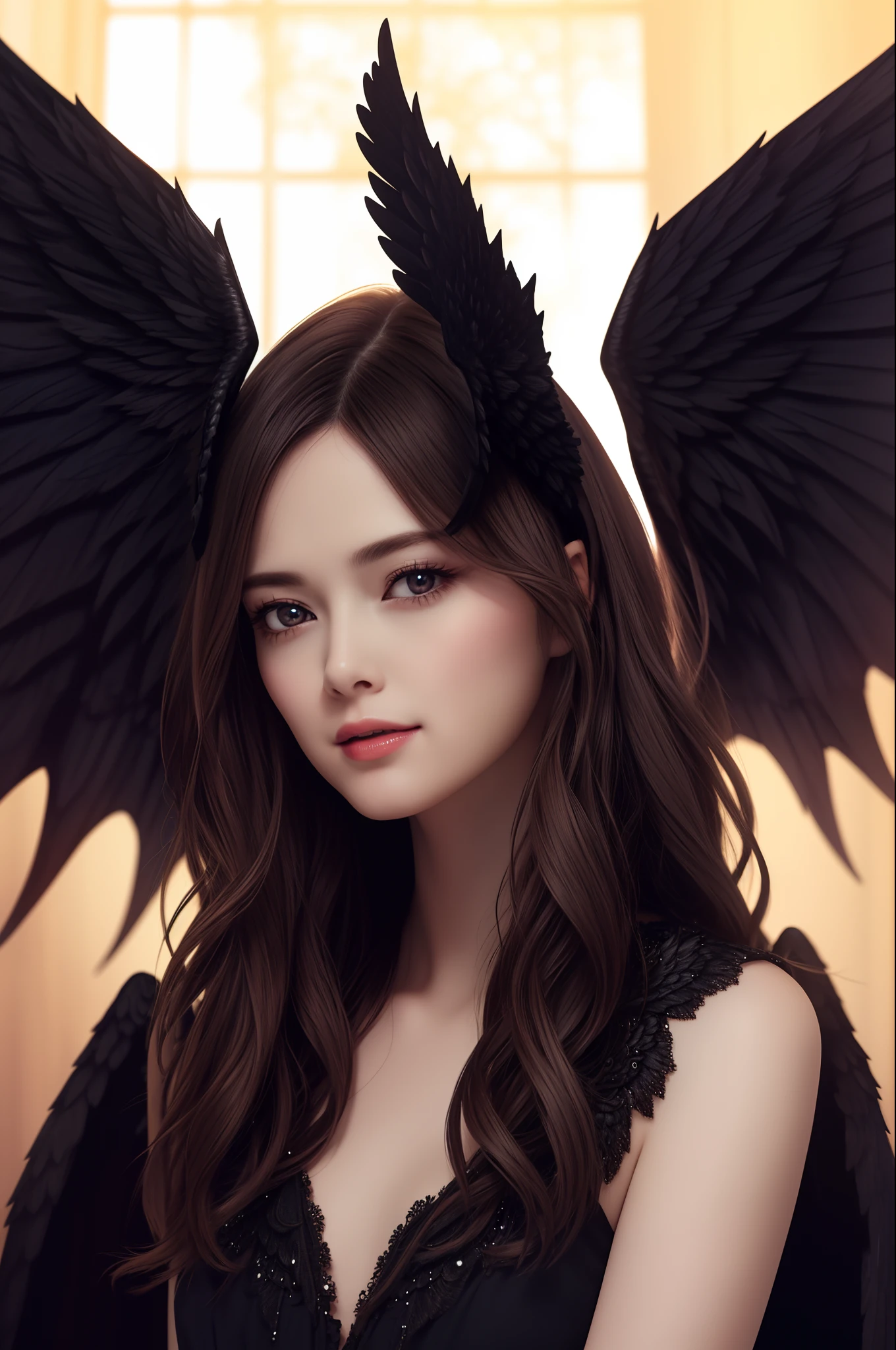 maiyan,(extremely detailed CG unity 8k wallpaper,masterpiece, best quality, ultra-detailed, beautiful detailed eyes:1.2),best illumination,dark night,moonlight,(best shadow, an extremely delicate and beautiful, bloom), ((a dark angel,hair ornamen,dark eyes,long hair,angel wings,black wings)),smirk,oversized wings,(big wings:1.4),dramatic,cinematic,Film filter,