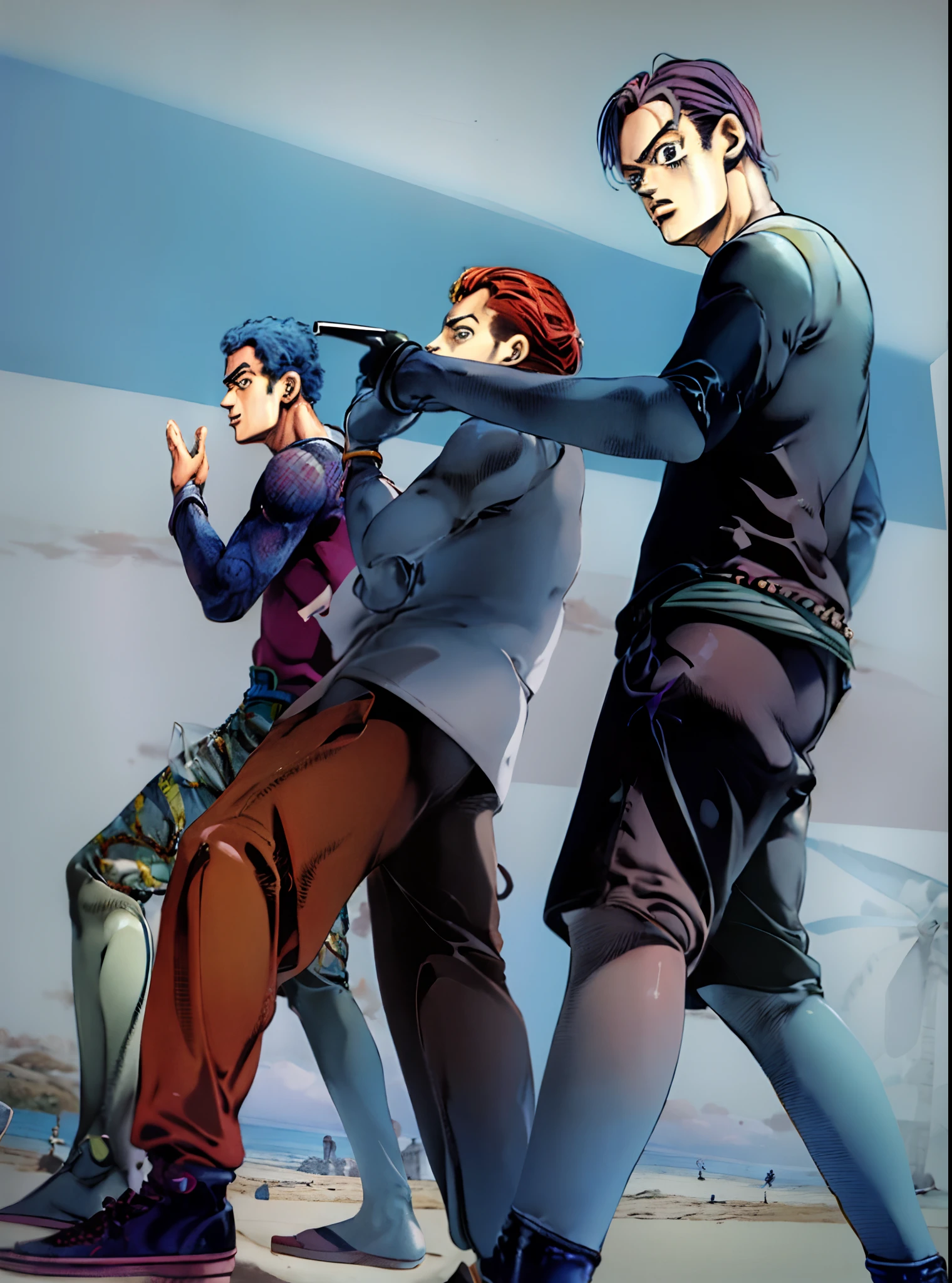 there as 3 guys posing, masterpiece, manga art, best quality, scan, color tones, illustration, anime, simple coloring, jojo style, araki style, mad face, in the beach, very detailed faces, detailed hand,