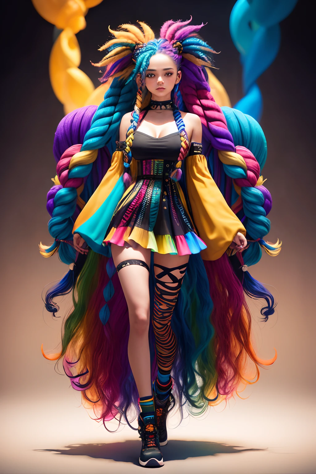 (full body:1.2), (Smokexxx:1.4), 1girl with really wild hair, (wavy multicolor hair:1.2), (two long braids:1.2), (long wild hair:1.2), (multicolored hair: 1.9), wearing a long skirt, high contrast, epic cinematic, soft studio lights, rim light, absurd, amazing, funny, itricate, hyper detailed, ultra realistic, soft colors, 8K