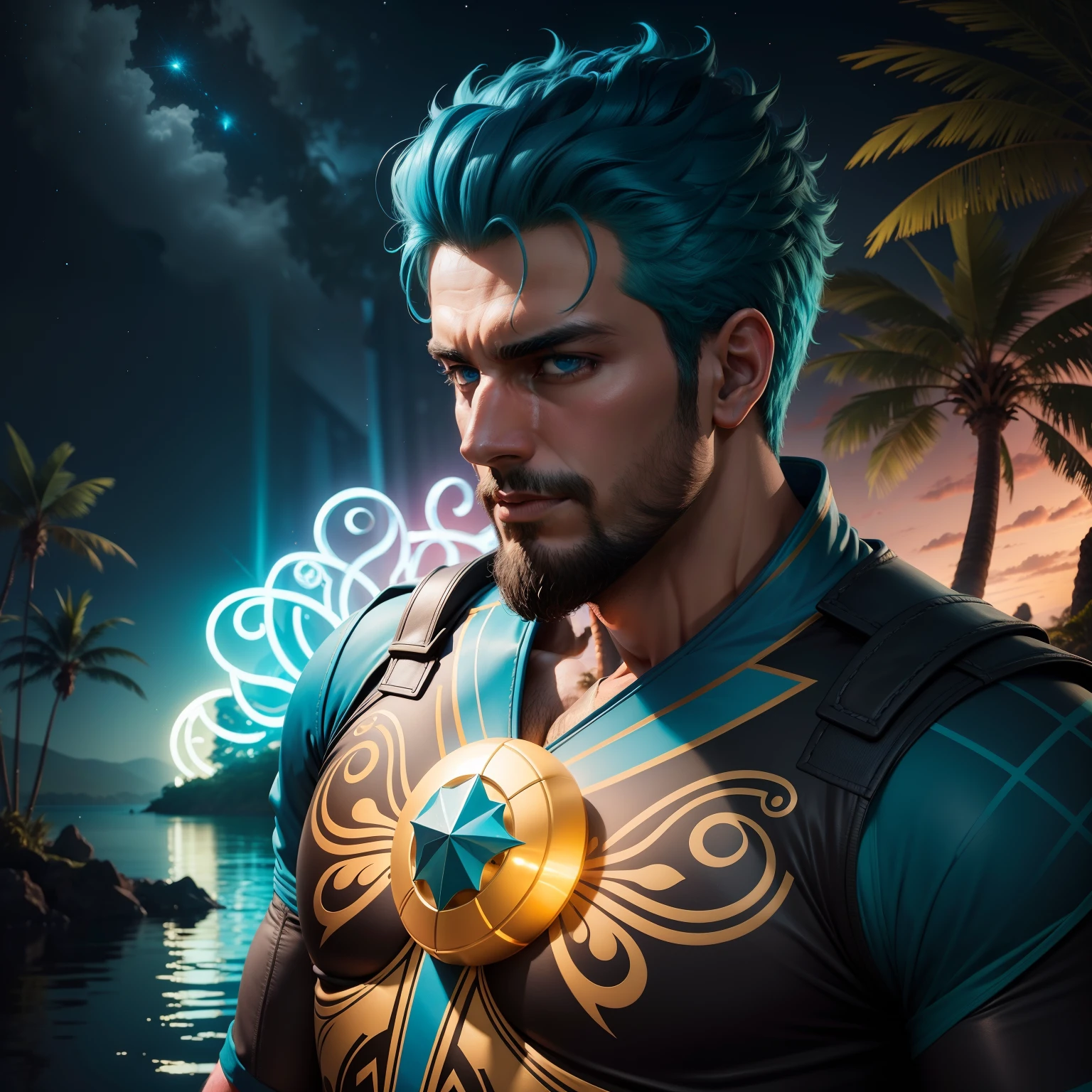 Homem Mago, cores misticas, lagoa, neon azul, folhas de arvore, luz do sol, detalhado, realista, CG 8K FULL