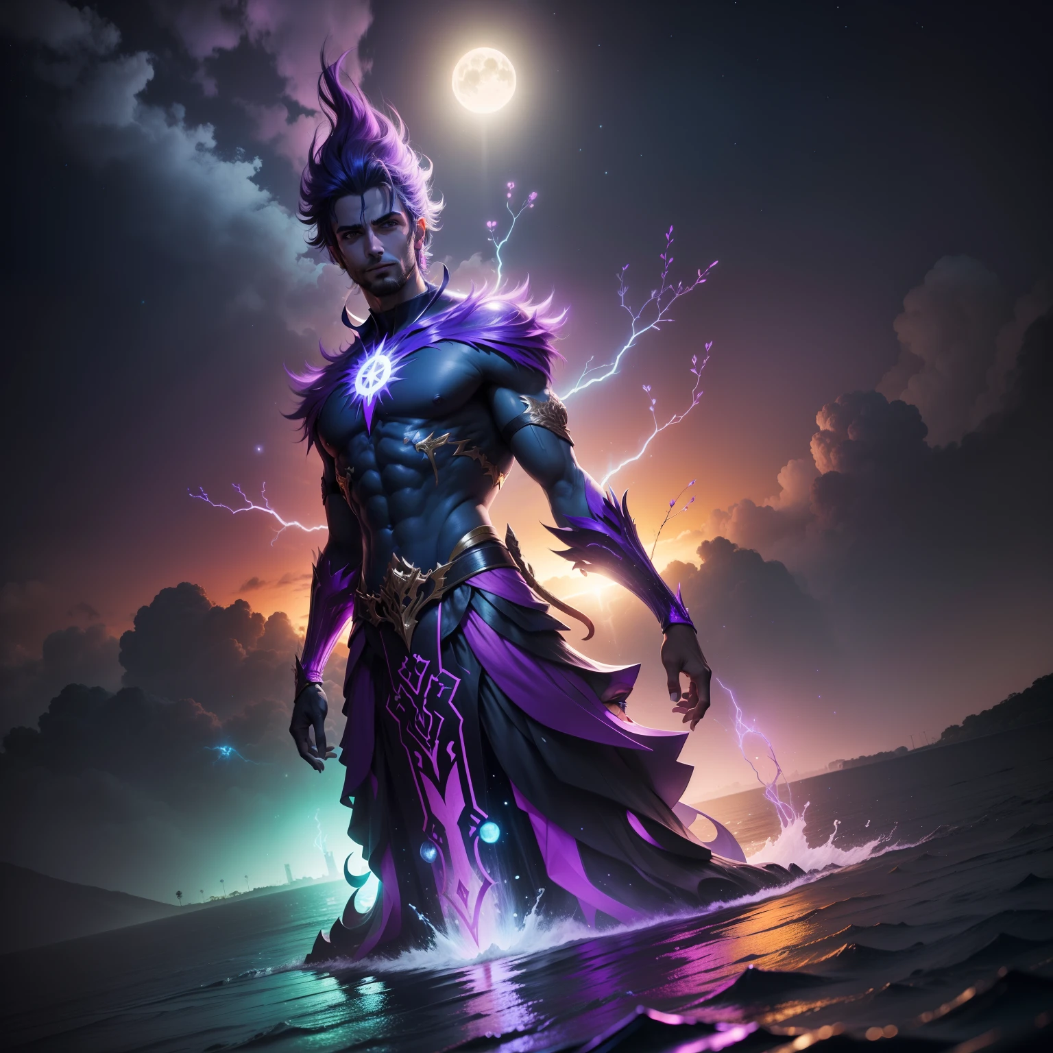 Homem Mago, cores misticas, lagoa, neon roxo, folhas de arvore, luz do sol, detalhado, realista, CG 8K FULL