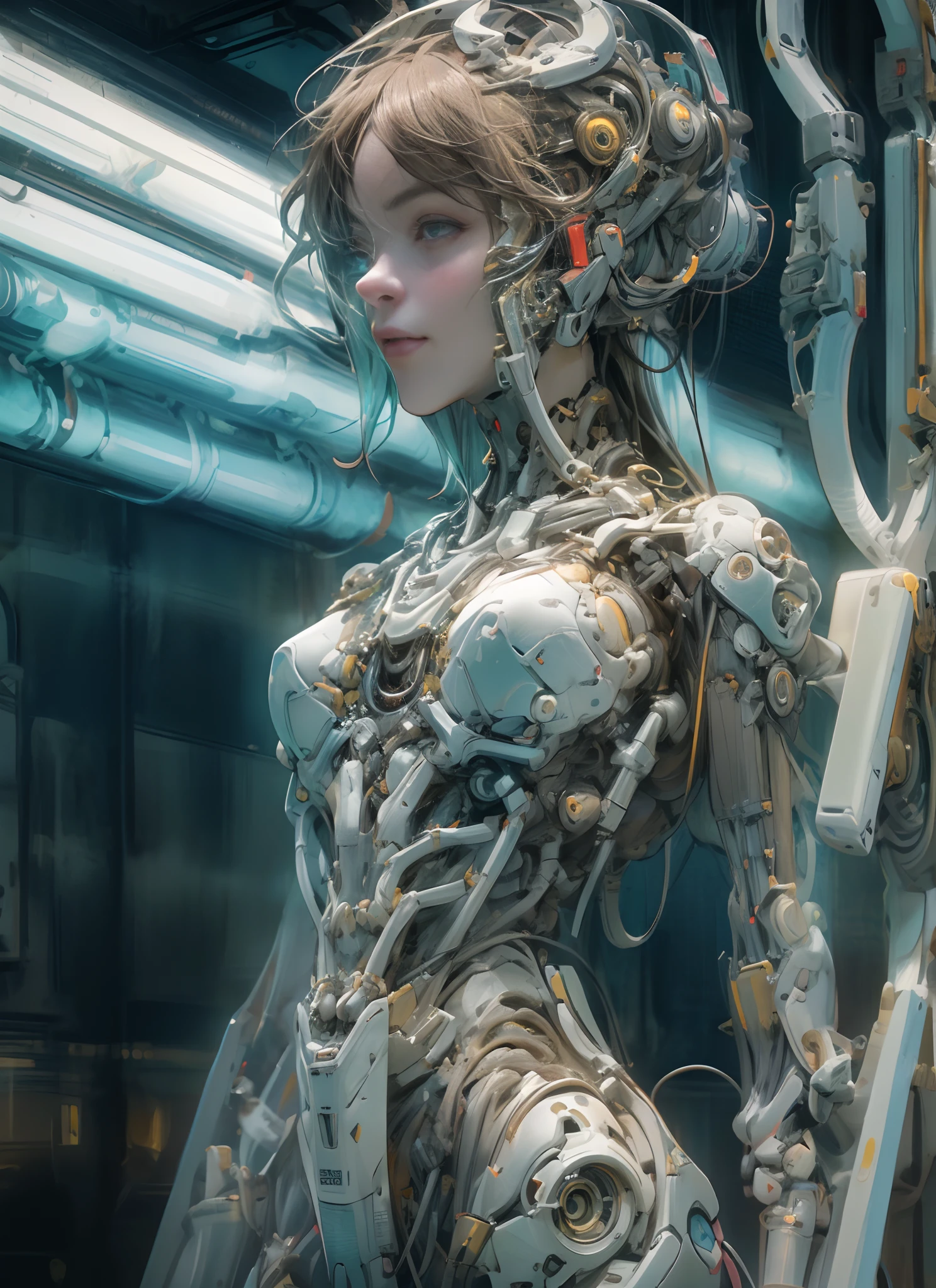 Top Quality, Masterpiece, Ultra High Resolution, ((Photorealistic: 1.4), Raw Photo, 1 cyberpunk android Girl, ((portrait)), Glossy Skin, (Ultra Realistic Details)), transparent plastic covering mechanical limbs, tubes connected to the mechanical parts, mechanical vertebrae attached to the spine, mechanical cervical attachment to the neck, wires and cables connecting to the head, Evangelion, ((Ghost in the Shell)), small glowing LED lamps, global lighting, deep shadows, Octane Rendering, 8K, Ultra Sharp, Metal, Intricate Ornament Details, baroque details, Very intricate details, realistic light, CGSoation trend, facing the camera, neon details, (android manufactory in background), art by H.R. Giger and Alphonse Mucha.