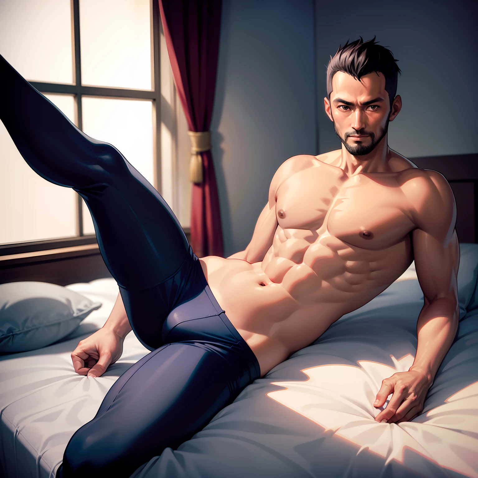 50yearsold,Hidetoshi Nakata ,(Guardiola 1.3),Naked upper body,Tong,Bulge,,Thin,musculature,lbeard,fortitude,artwork of a,tmasterpiece,k hd,onbed,leg wide open