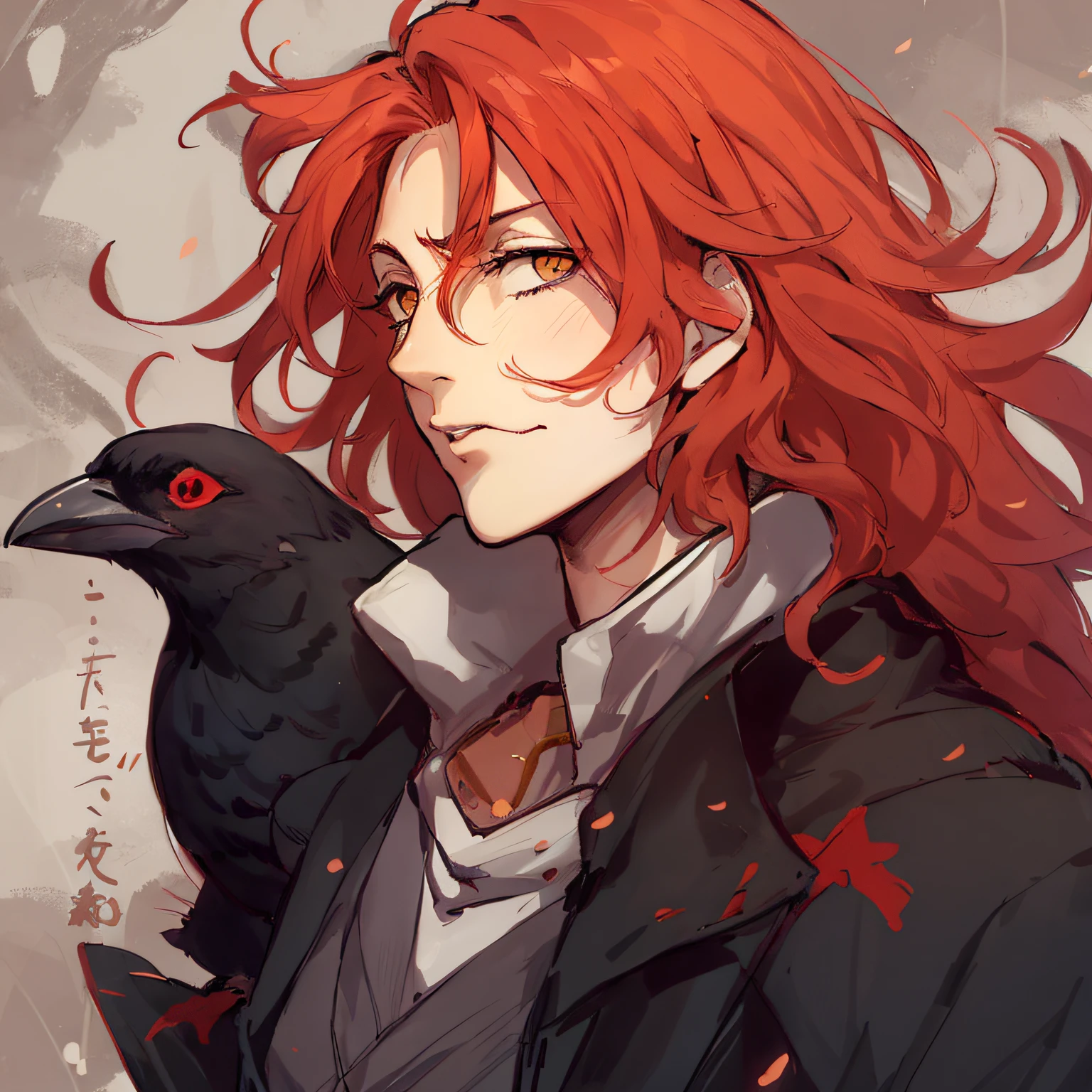 anime, a woman with red hair and a black bird, por Kamagurka, cara bonito na arte demon slayer, Directed by: Kamisaka Sekka, Demon Slayer rui fanart, Marin Kitagawa Fanart, por Kanbun Master, kvothe do nome do vento, laranja - menino anime cabelo, Arte Zerochan, zerochan, inspirado em Yamagata Hiro, sobretudo surrado