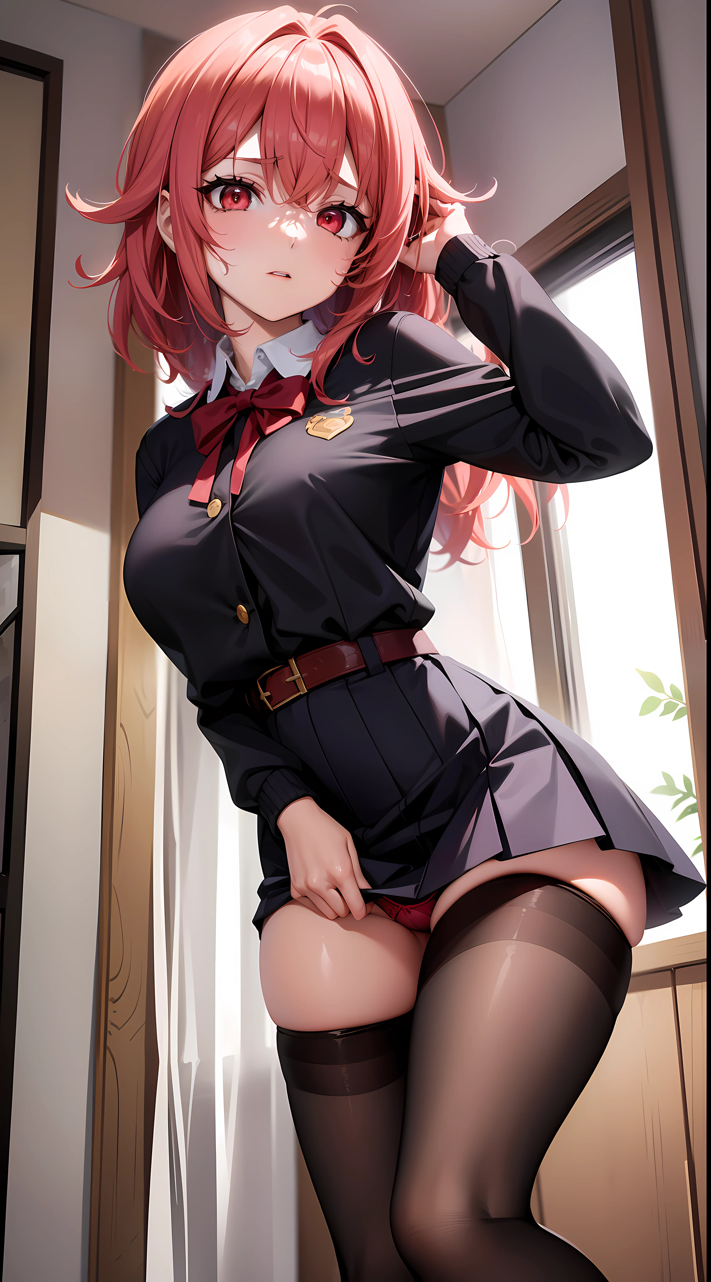 1  da Anime Linda De cabelo Rosa Longo, It's red eyes., com pernas abertas, is With School Skirt, mostrando Roupas Intimas, it's Japanese high school clothing, com estrela nos olhos, imagem Estilo Novel de anime, Roupas Intimas Brancas, com calsinha branca, colegial senda em uma mesa de pernas abertas, mostrando Roupas Intimas, his face is flushed, com vergonha, wearing pantyhose, ((imagem Estilo Novel de anime)), ((corpo inteiro)), ((With Underwear there is Sample))