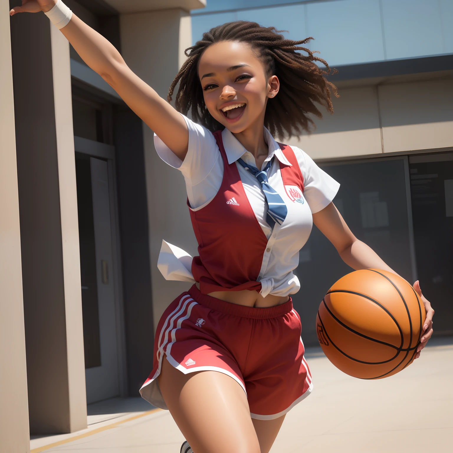 Adwoa Apae, known as "Adwoa Monday," is a cheerful and sporty girl who always carries a basketball around. Create an image of her dribbling the basketball while flashing a bright smile, wearing her school uniform with a red and white striped tie.