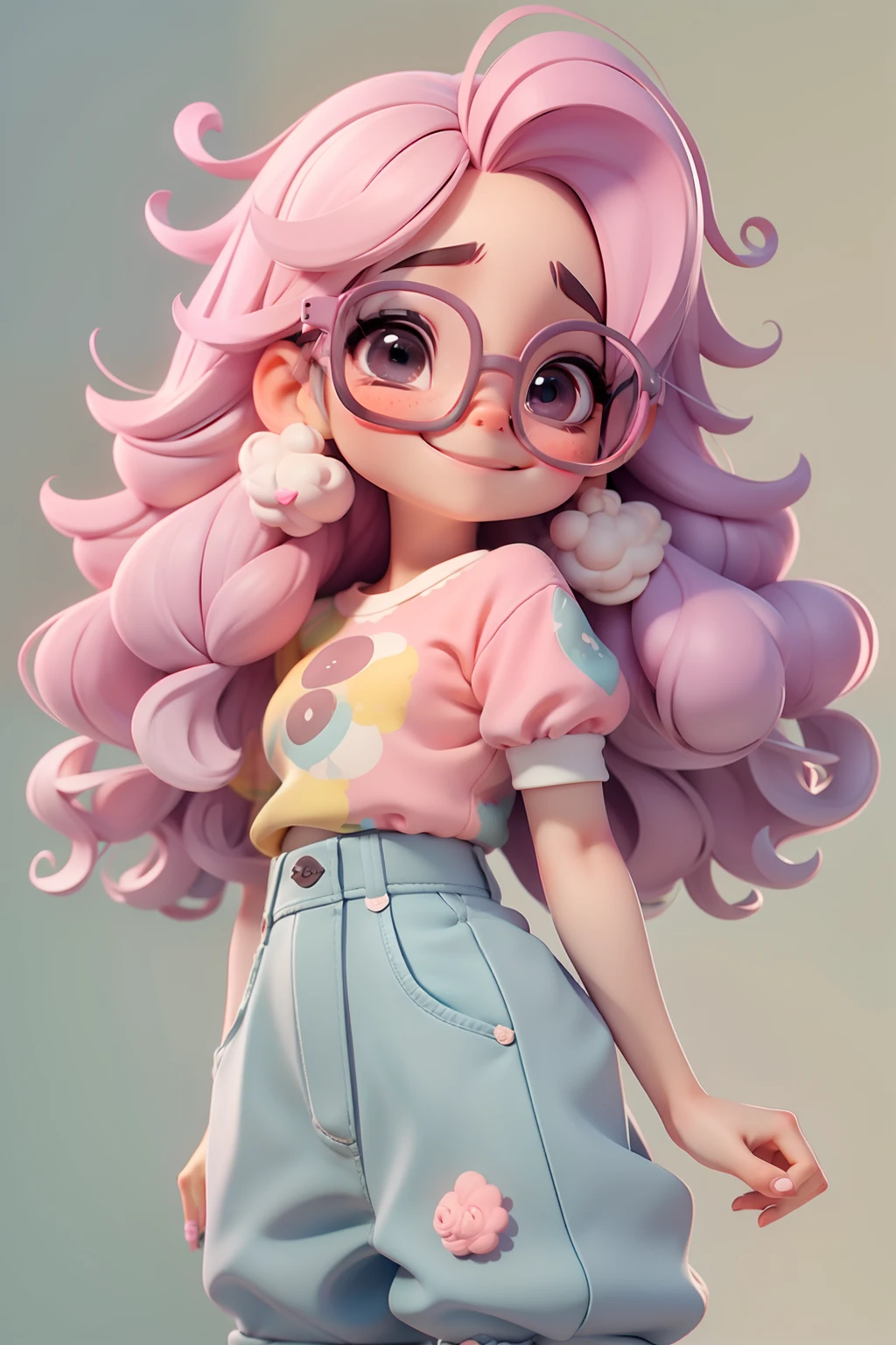 nerd fofa, Eyeglasses, meniga, olhos delicados, cabelo moreno, tom pastel, Pants, moletom, sorriso delicado, fundo simples e branco