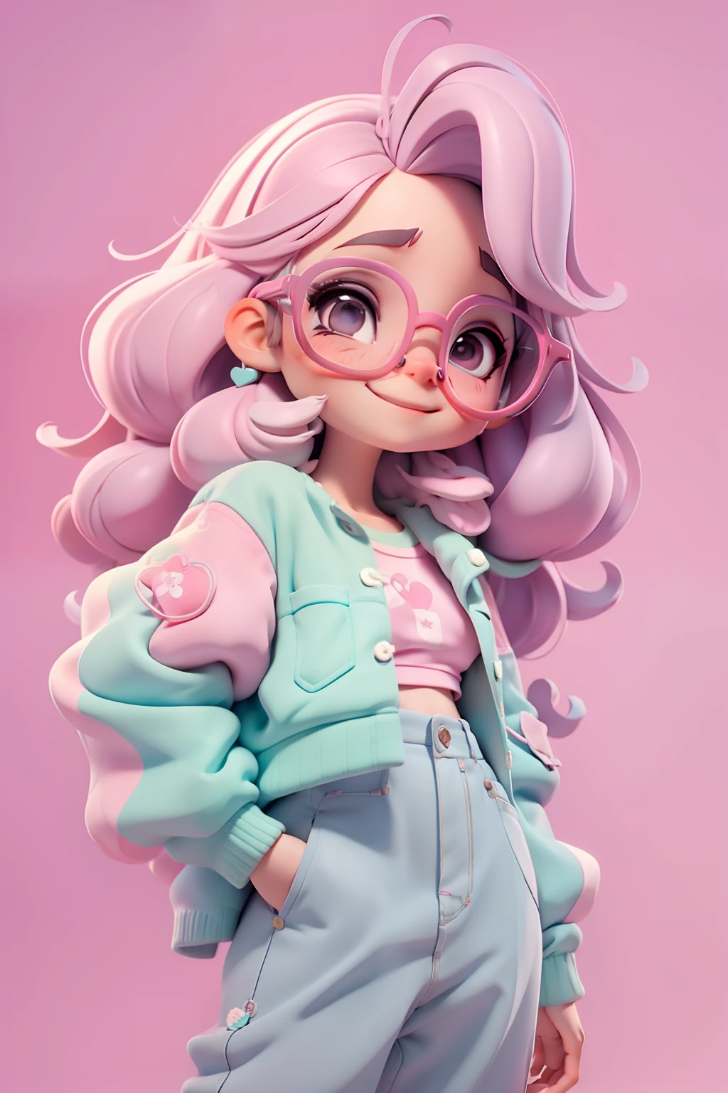 Loli nerd fofa, Eyeglasses, menina meiga, olhos delicados, cabelo moreno, tom pastel, Pants, moletom, sorriso delicado, fundo simples e branco