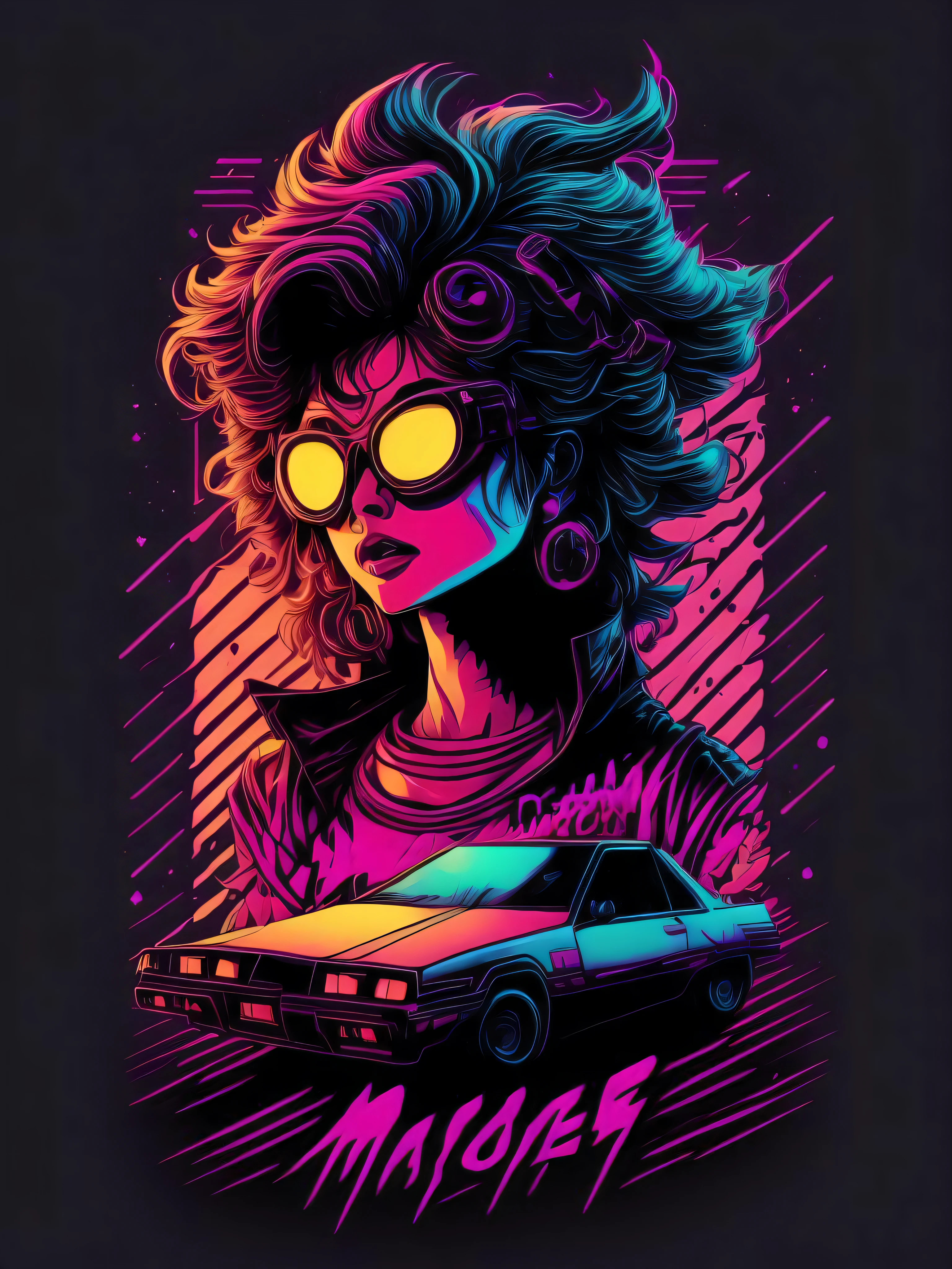 retrowave maya character design,sticker,Full body shot ,anime style, Trigger Studio style, manga art, comics, inking, graffiti art, graphic, neon colors, golden ratio composition, design for tshirt
