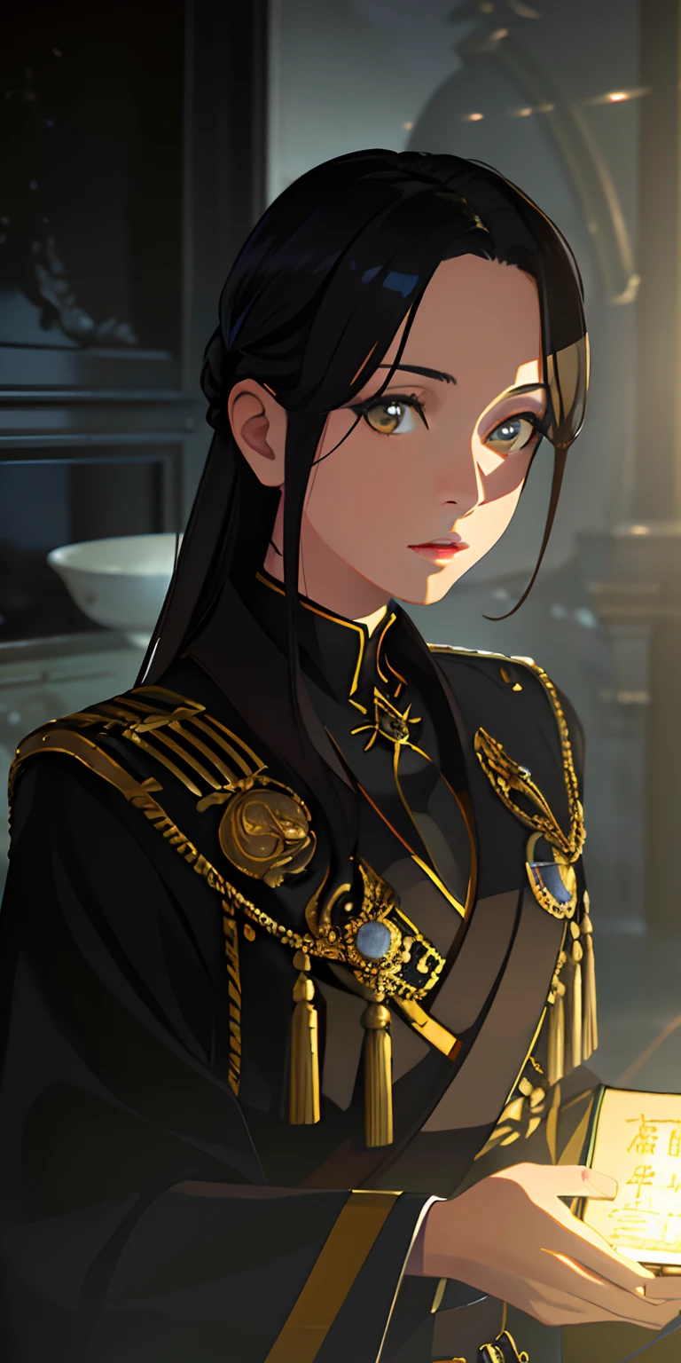 (Photorealistic:1.4), (Masterpiece, Side light, Exquisite beautiful eyes: 1.2), Masterpiece*Portrait, Realistic, 3d face, glowing yellow eyes, Empire, black military uniform, short black hair, glossy skin, 独奏, artful, (hason),Ruin, dystopia,