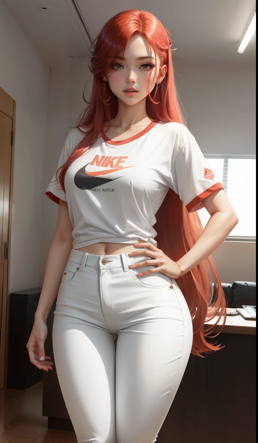 a woman in a white shirt and red pants is playing video game, simple style, wearing elegant casual clothes, muted red, simple clothes, milk and red style, casual clothing style, modern fashion outfit, wearing a fisher , casual modern clothing, inspo, red clothes, red pants, neutral tones, rred and white color scheme, casual business outfit, scary face, nike shoes, 22 years old, adult face, long hair, ((red hair)),vaginal,nipples