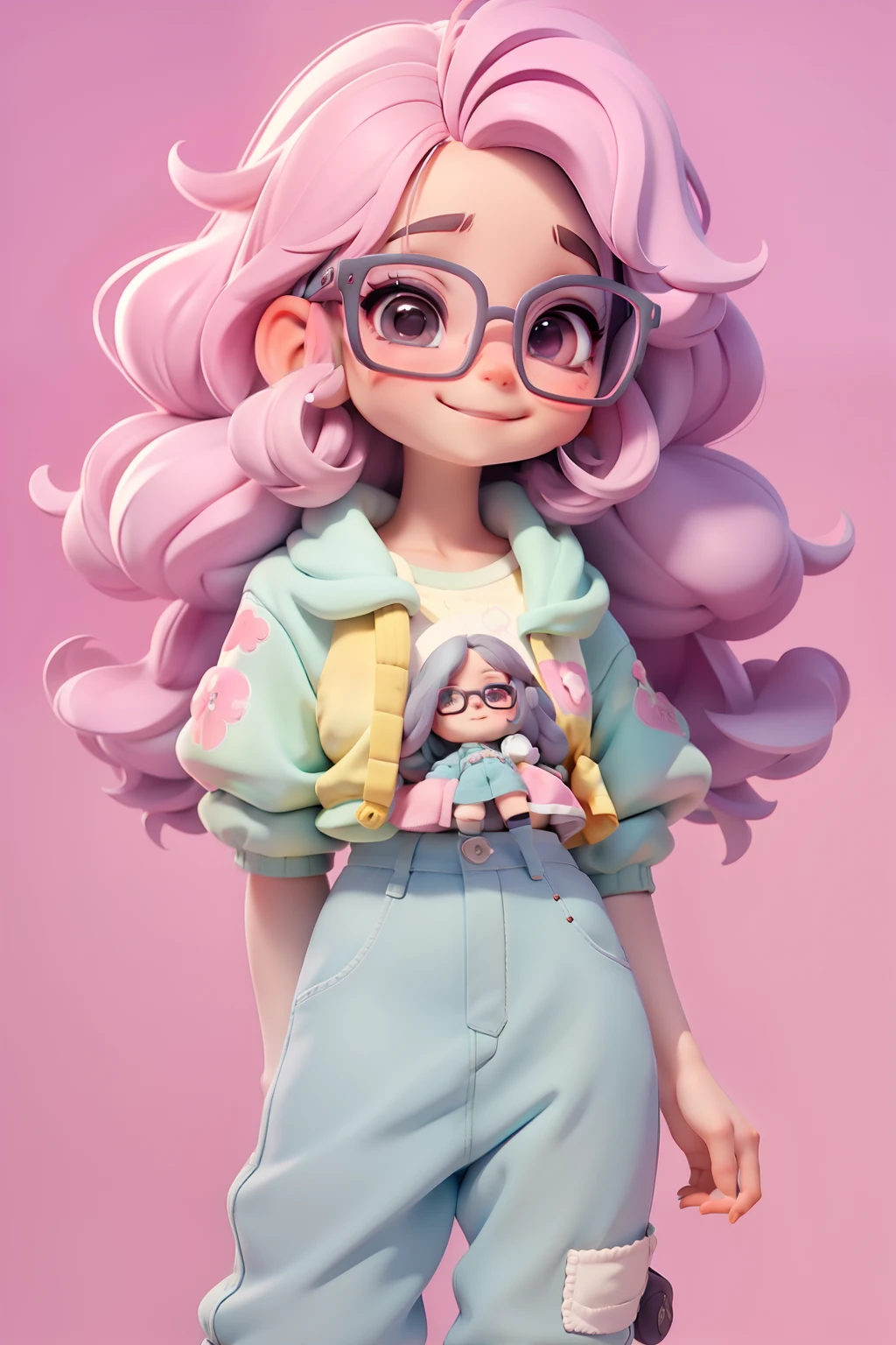 Loli nerd fofa, Eyeglasses, menina meiga, olhos delicados, cabelo moreno, tom pastel, Pants, moletom, sorriso delicado, fundo simples e branco