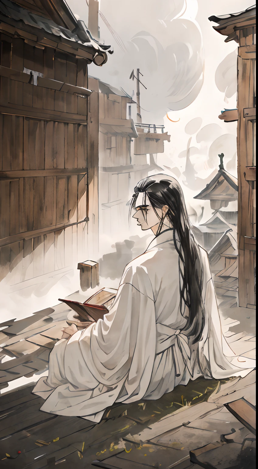 A young slender male charmer meditates sitting on his knees facing the author. On his lap lies enchanted. He has long hair, gathered in a tail at the back of the head, A white frontal ribbon is tied on his forehead. The man is wearing white mourning clothes, wide and completely hiding the body. He's focused, There is not a single emotion on the face. Around it is an abandoned city with wooden buildings, shrouded in a thick white fog