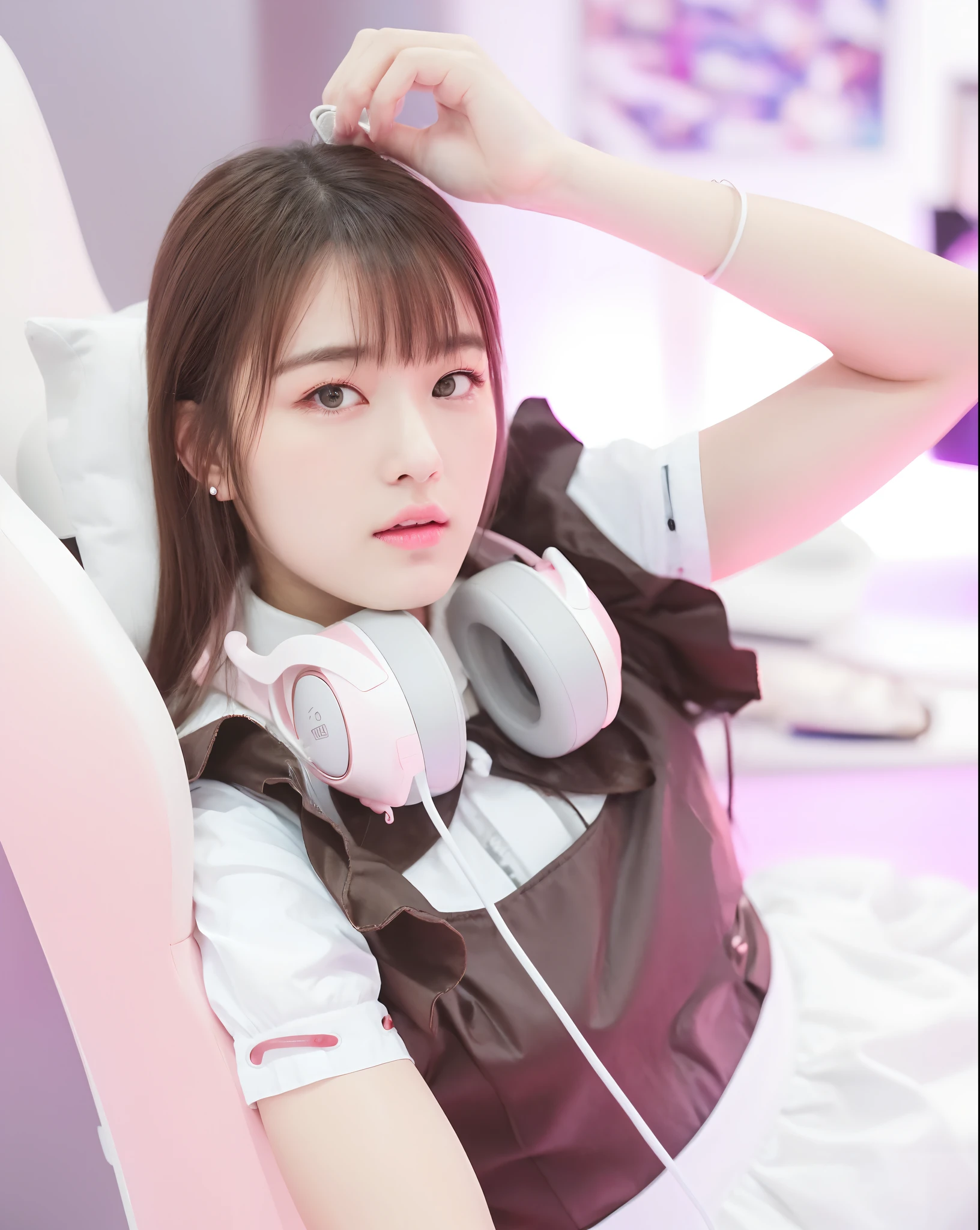 (8k, best quality, masterpiece:1.2), (realistic, photo-realistic:1.37), ultra-detailed, detail fingers, realistic fingers, A detailed portrait of 1 Gamer Girl, 21 year old girl, e girl, pale skin, perfect body, wearing maid clothes, cute pink headphone, sitting in a cute pink gaming chair, closed mouth, flat expression. The scene is illuminated with professional lighting, photon mapping, and radiosity, with Tetsuya Nomura Style. Blur bokeh effect, realistic light.