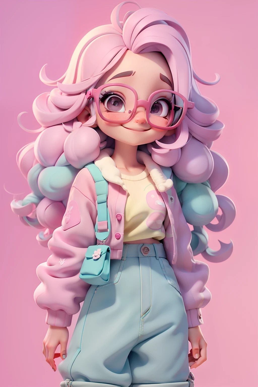 nerd fofa, Eyeglasses, meniga, olhos delicados, cabelo moreno e preso, tom pastel, Pants, moletom, sorriso delicado, fundo simples e branco