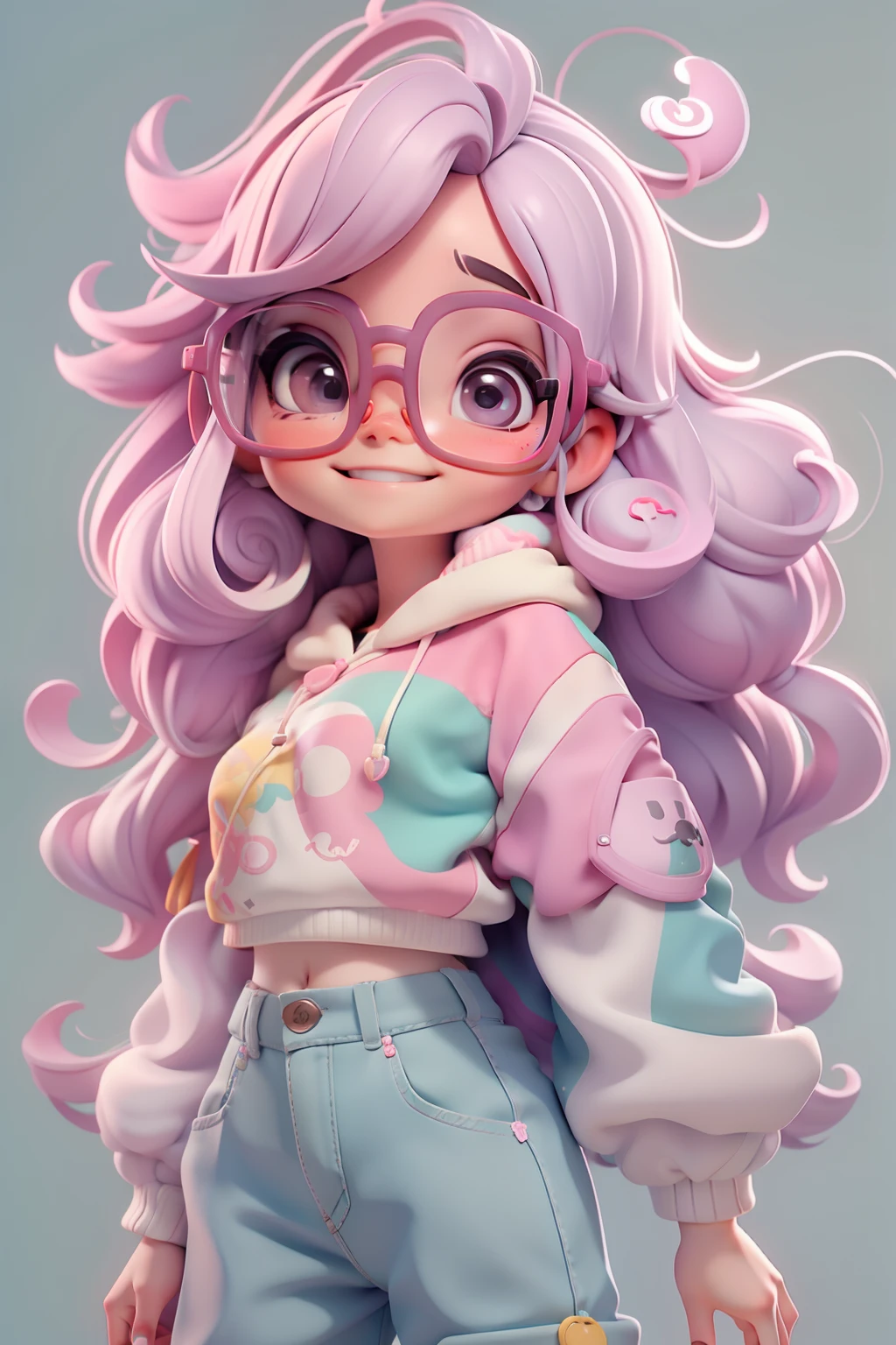 Loli nerd fofa, Eyeglasses, menina meiga, olhos delicados, cabelo moreno e preso, tom pastel, Pants, moletom, sorriso delicado, fundo simples e branco