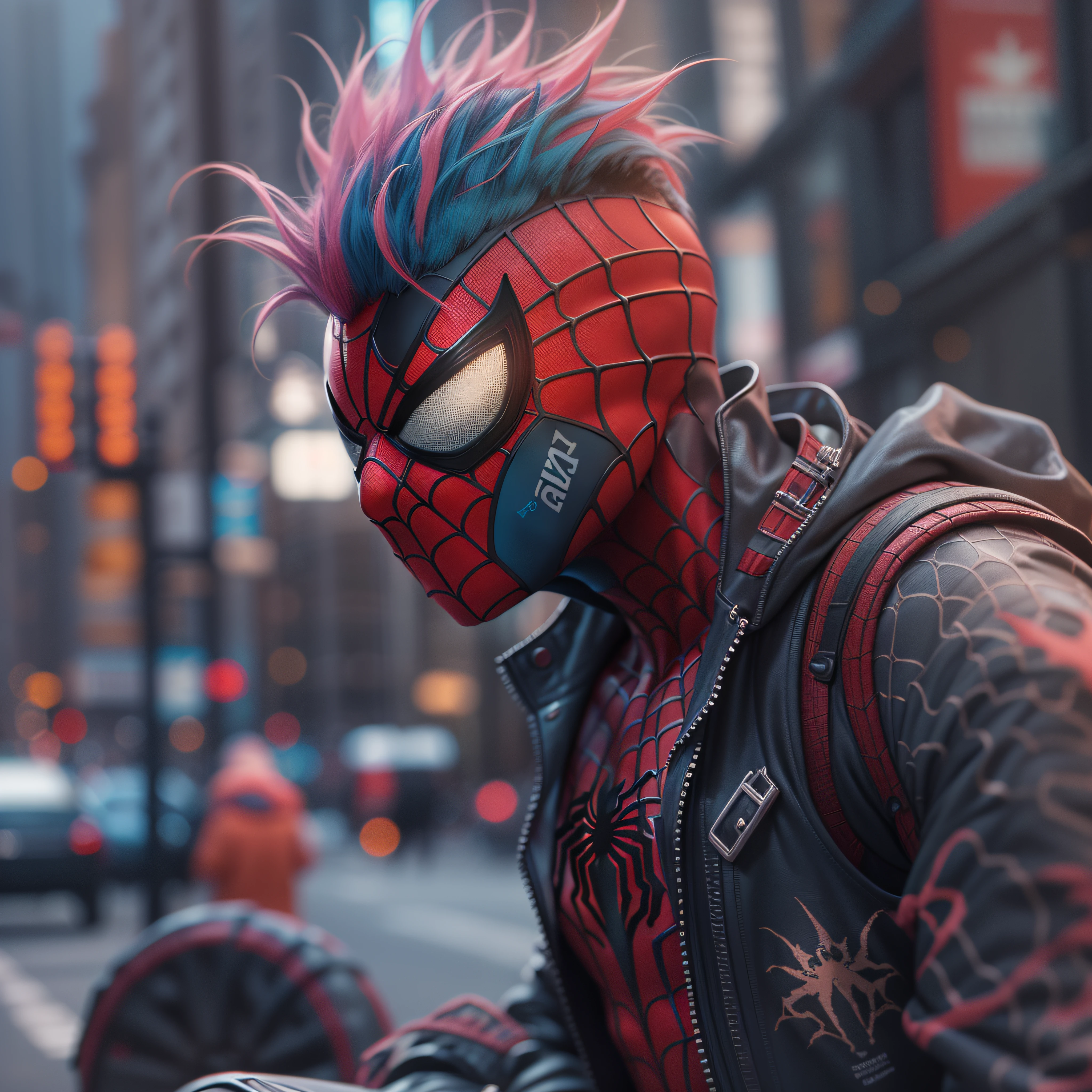 spiderman mutated into punk, mohawk hair, photorealistic, detailed, on a city street, cinematic, dramatic colors, close-up, cgscociety, computer rendering, by mike winkelmann, uhd, shown in cinema4d, hardsurface modeling, 8k, octane render, inspired by beksinski