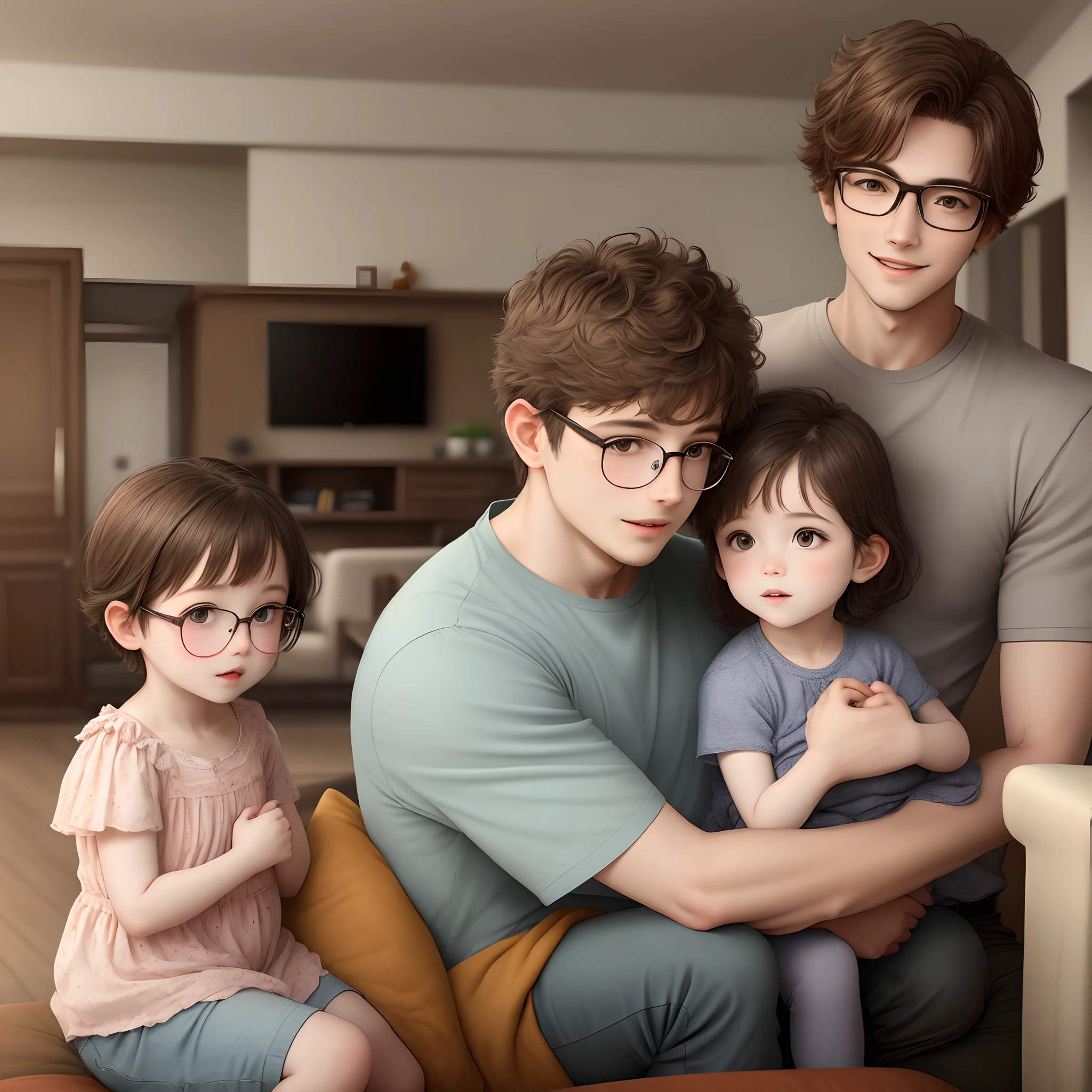 Light brown mother wearing glasses with her two children, a boy and a baby girl, in drawing in the living room of the house