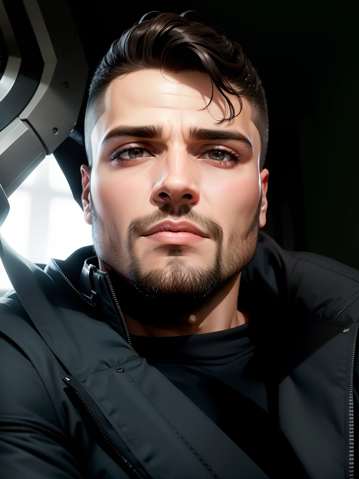 Coloque meu rosto em um corpo masculino com roupa estilosa, fundo preto, fazer foto em studio fotografico