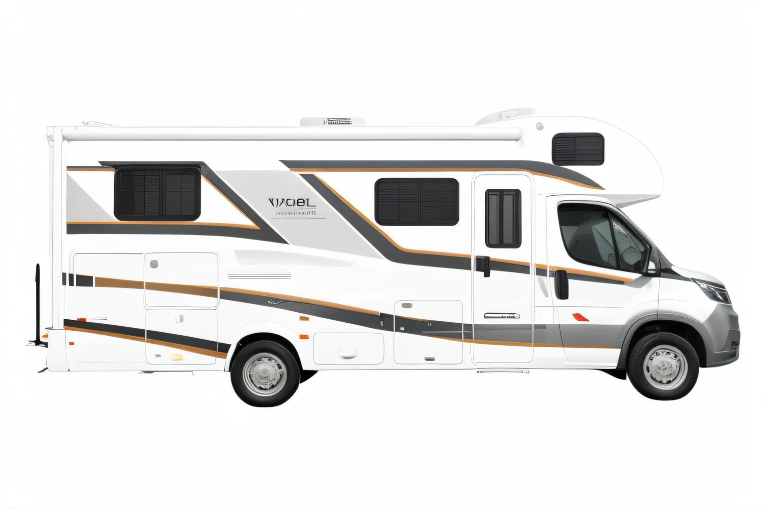 um close up de um motor home branco com um fundo preto, vista frontal lateral, 3/4 vista frontal, perfil frontal, profile view perspective, side view, exterior grande angular 2022, 3 / 4 view, 3/4 view, 3/4 vista lateral, lado - vista, vista lateral, perspectiva frontal, vistas laterais frontais completas, Front view