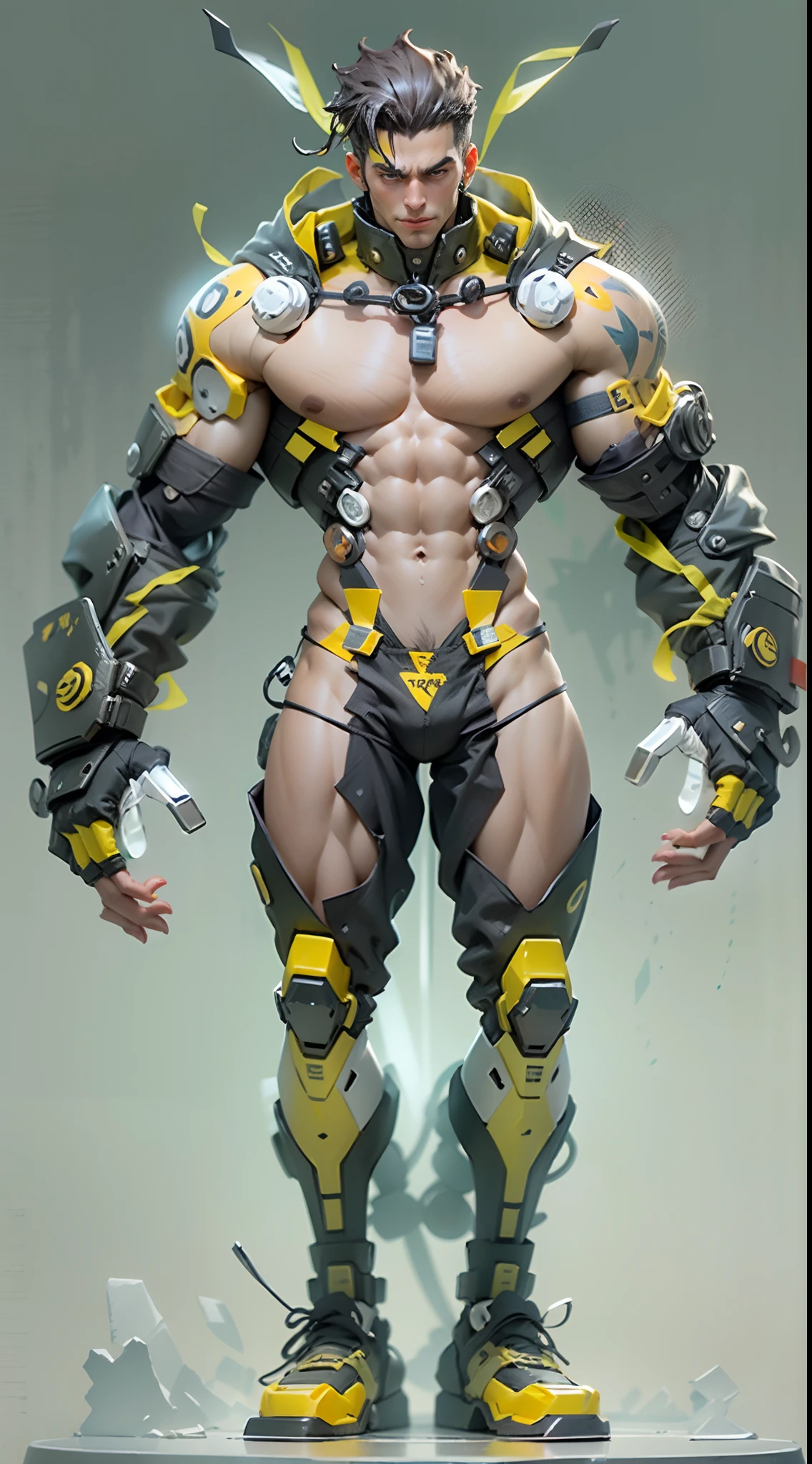 Figures，Model design，Tide play blind box，The whole body of the character，Handsome cybernetic boy looking at camera lingerie detailed muscular reality masterpiece