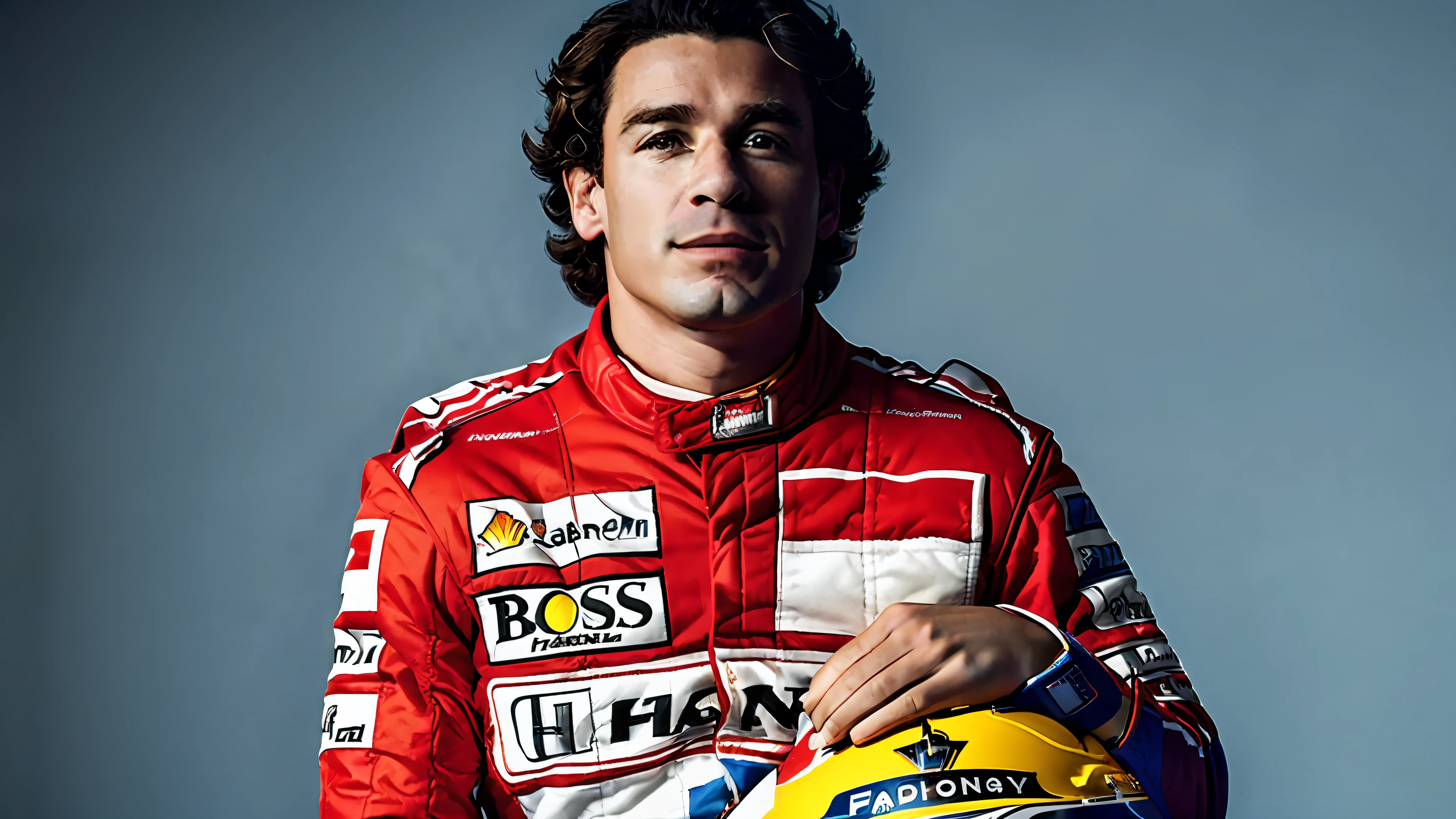 arafed man in a red racing suit holding a yellow helmet, f 1, inspired by Alonso Vázquez, inspired by Fernando Gerassi, villeneuve, mario, formula 1, alejandro, inspired by Joaquín Torres García, biopic, jerez, inspired by Bernardo Cavallino, f 1/3, inspired by Glennray Tutor
