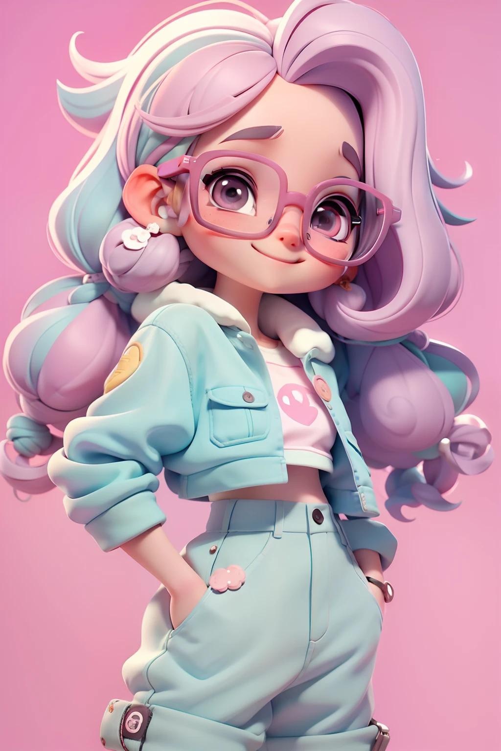 Loli nerd fofa, Eyeglasses, menina meiga, olhos delicados, cabelo moreno e preso, tom pastel, Pants, moletom, sorriso delicado, fundo simples e branco