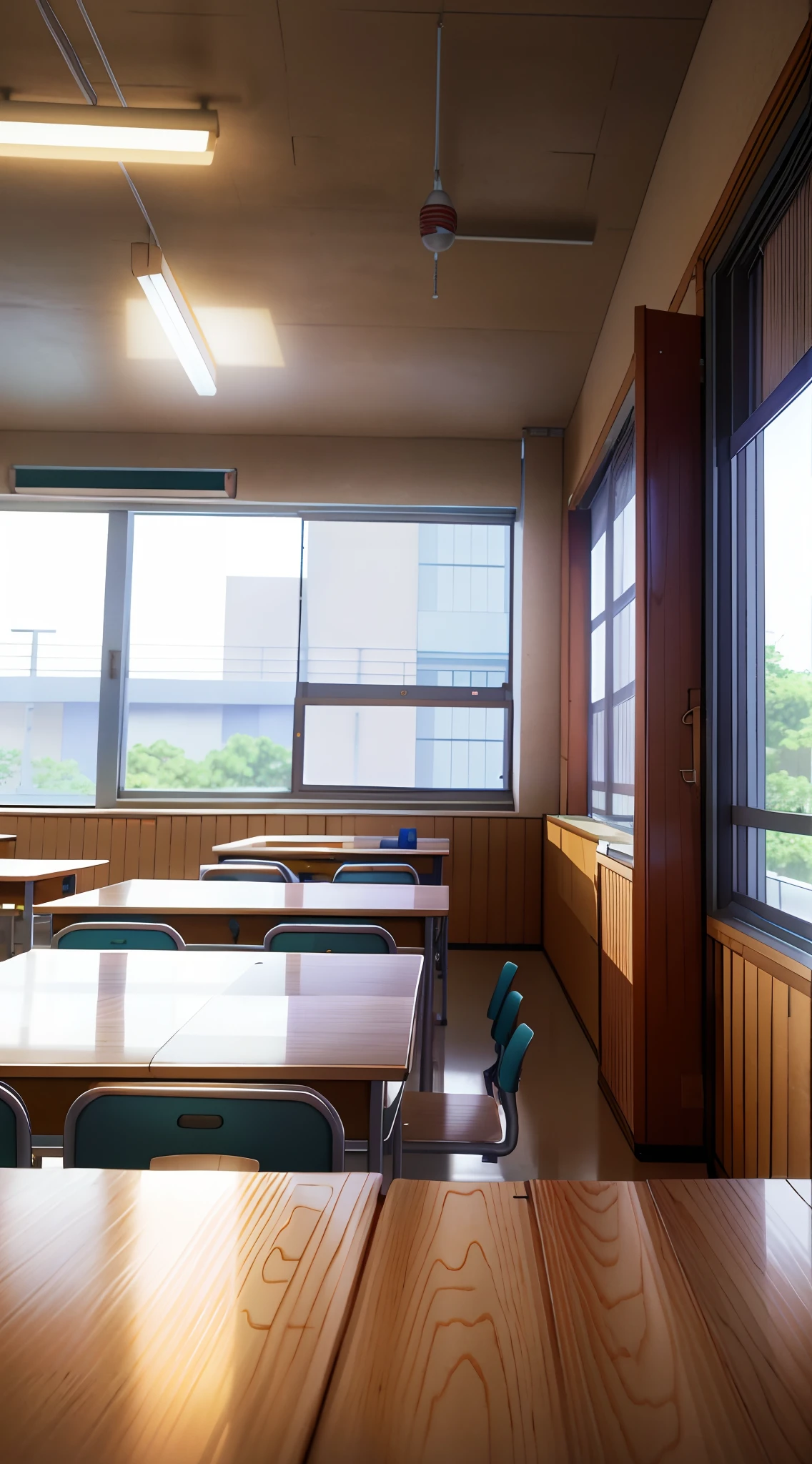 There are many tables and chairs in the classroom、I can see outside, japanese high school, School Classroom, crass room, typical anime classroom, Inside the elementary school, Photos of the classroom, Background classroom, in class room, Classroom background, In the classroom of  the school, highschool, Japan anime style, with backdrop of natural light, sitting in classroom