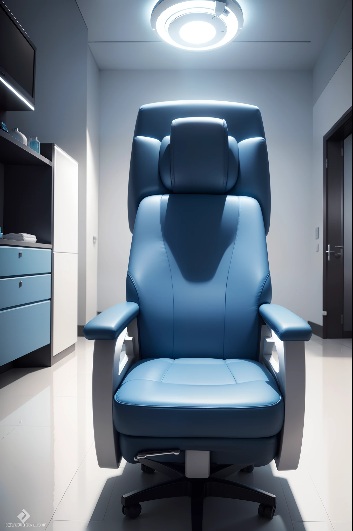 Modern Dental Clinic, Dentist chair and other accessories used by dentists in blue medical light, futuristic, high resolution,modern furniture,
rich objects,high focus chair.