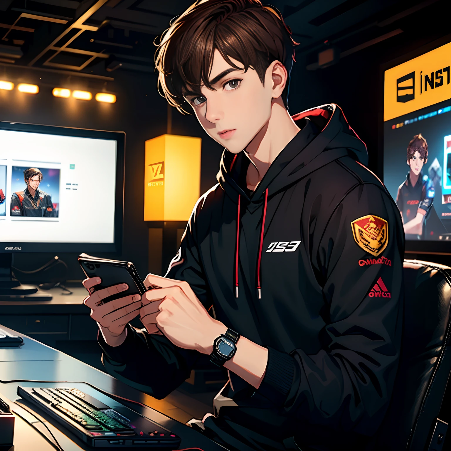 A handsome young man with brown hair,wearing black clothes,Play with your phone in the esports arena,Bring headphones