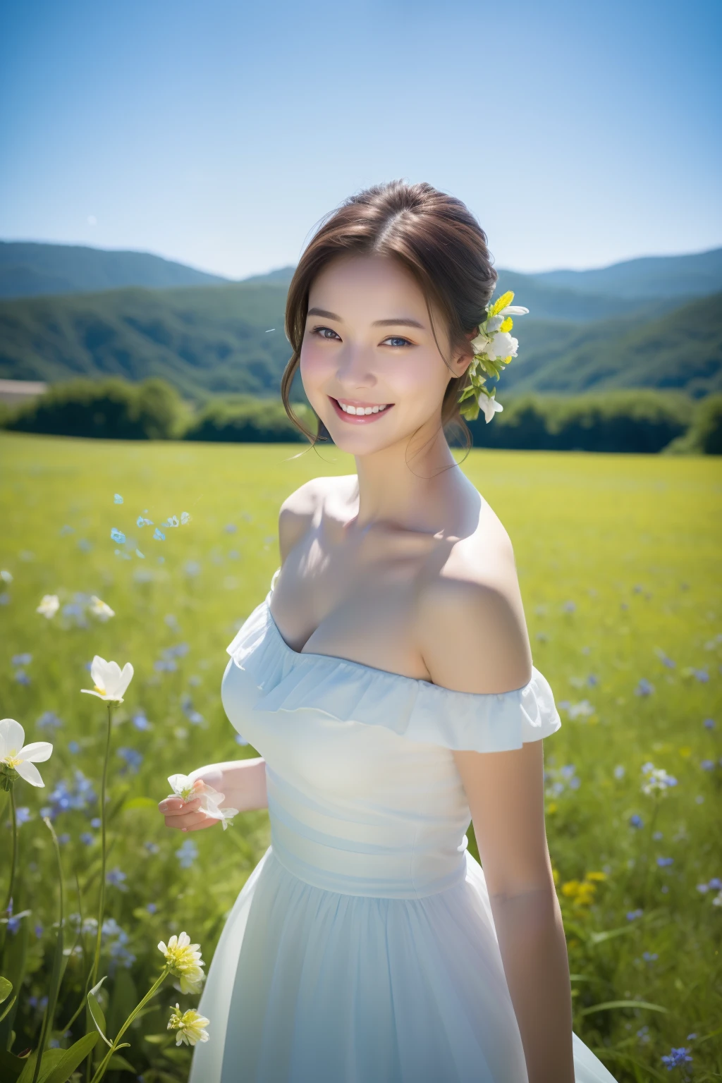 Best quality, masterpiece, ultra high res, (photorealistic:1.4), raw photo, 1girl, white dress, off shoulder, blue flower field, glowing skin, light smile