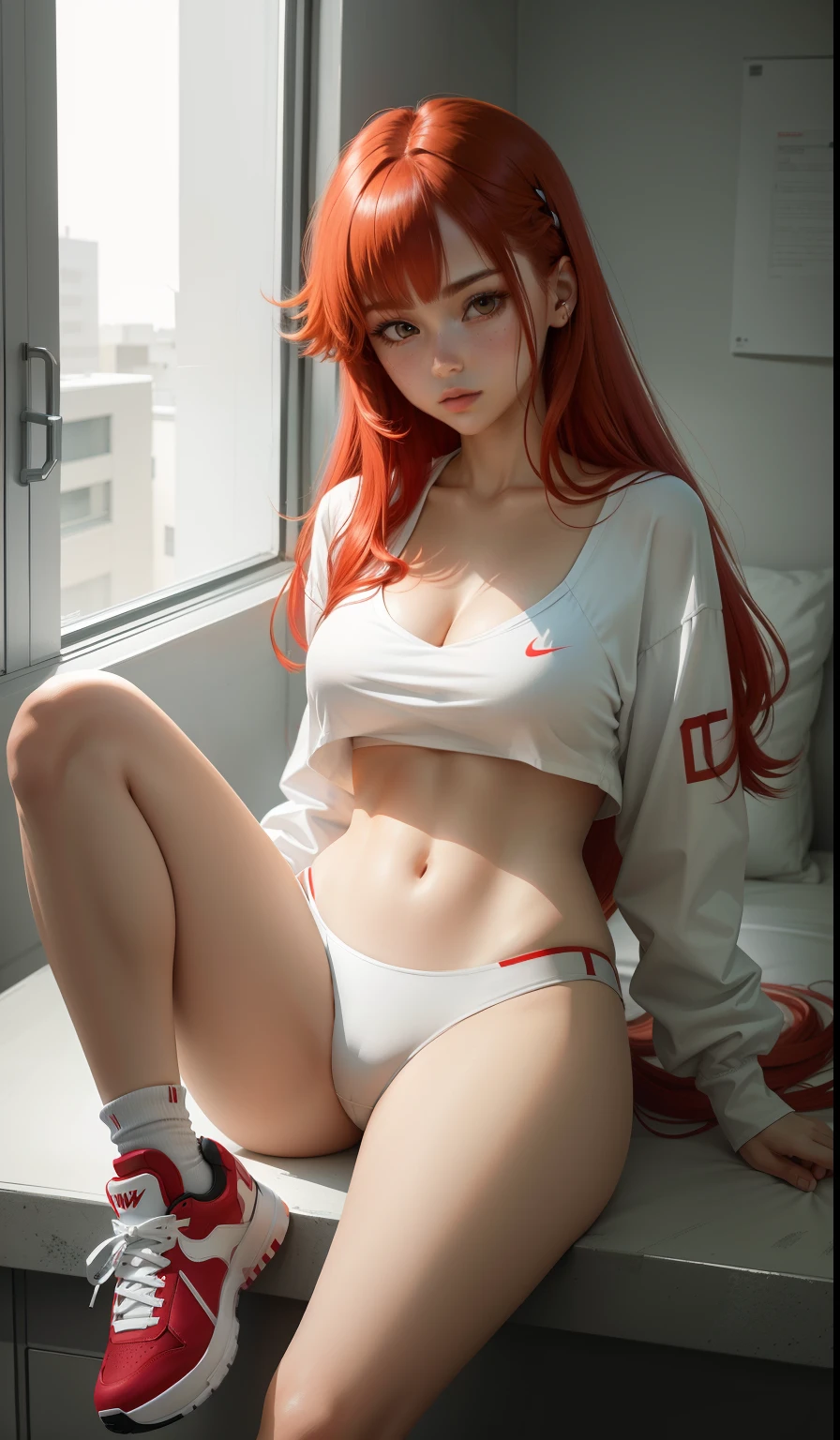 a woman in a white shirt and no pants is playing video game, simple style, muted red, simple clothes, milk and red style, sexual clothing style, modern fashion outfit, wearing a fisher , sexual modern clothing, inspo, neutral tones, rred and white color scheme, bikini outfit, scary face, nike shoes, 22 years old, adult face, long hair, ((red hair)),no panties, no bra, view breast