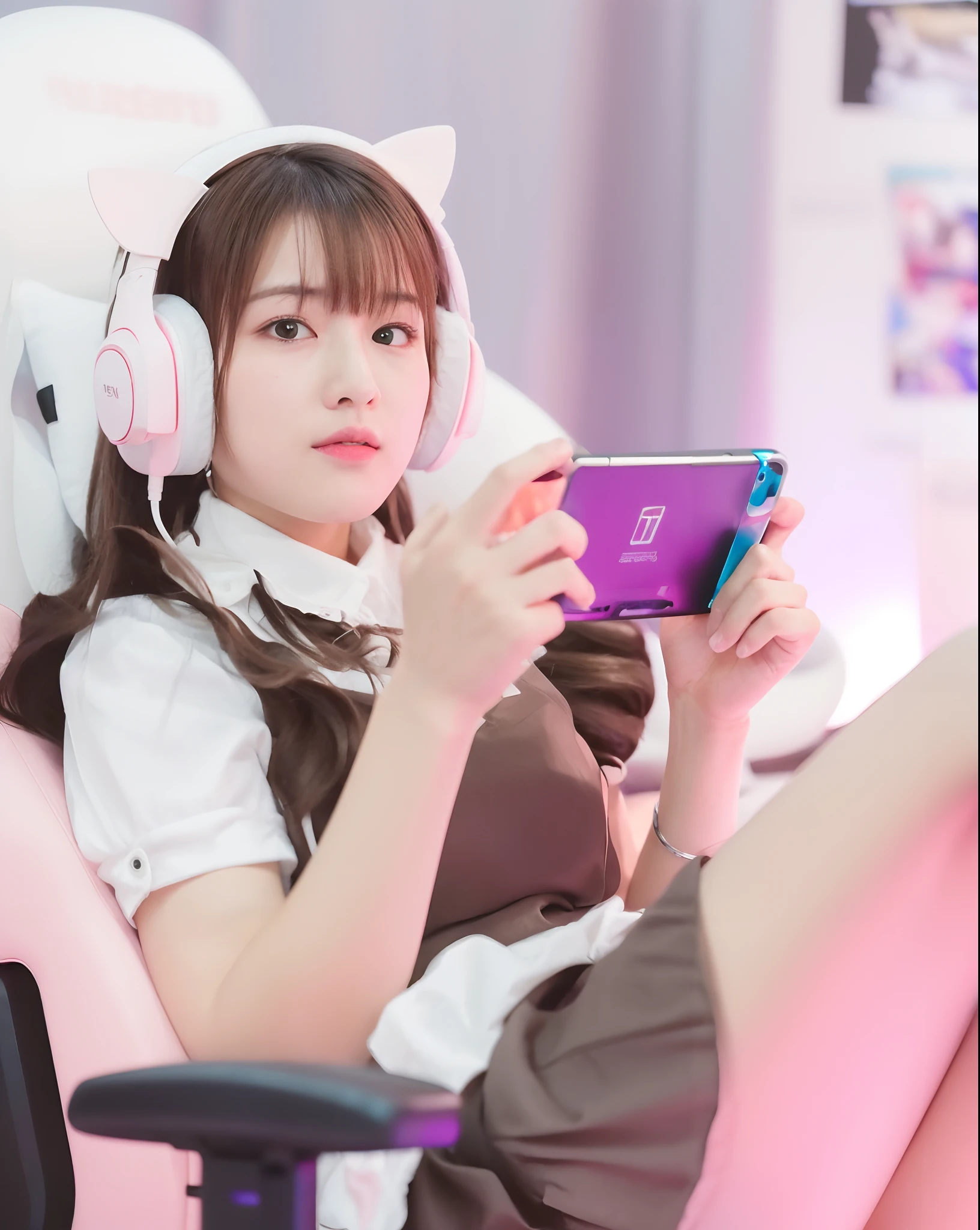 (8k, best quality, masterpiece:1.2), (realistic, photo-realistic:1.37), ultra-detailed, detail fingers, realistic fingers, A detailed portrait of 1 Gamer Girl, 21 year old girl, e girl, pale skin, perfect body, wearing maid clothes, cute pink headphone, sitting in a cute pink gaming chair, closed mouth, flat expression. The scene is illuminated with professional lighting, photon mapping, and radiosity, with Tetsuya Nomura Style. Blur bokeh effect, realistic light.