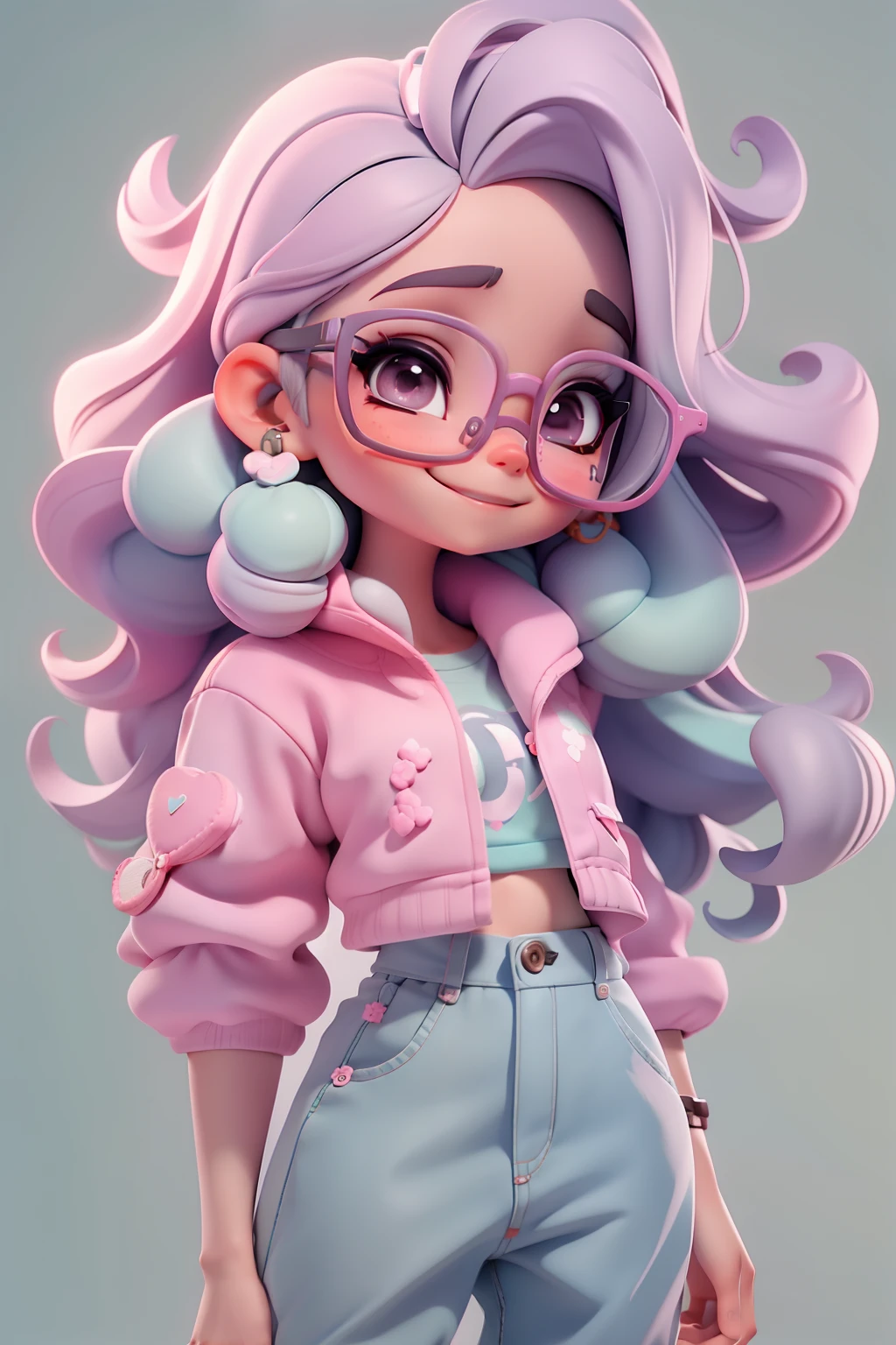 Loli nerd fofa, Eyeglasses, menina meiga, olhos delicados, cabelo preto e preso, tom pastel, Pants, moletom, sorriso delicado, fundo simples e branco