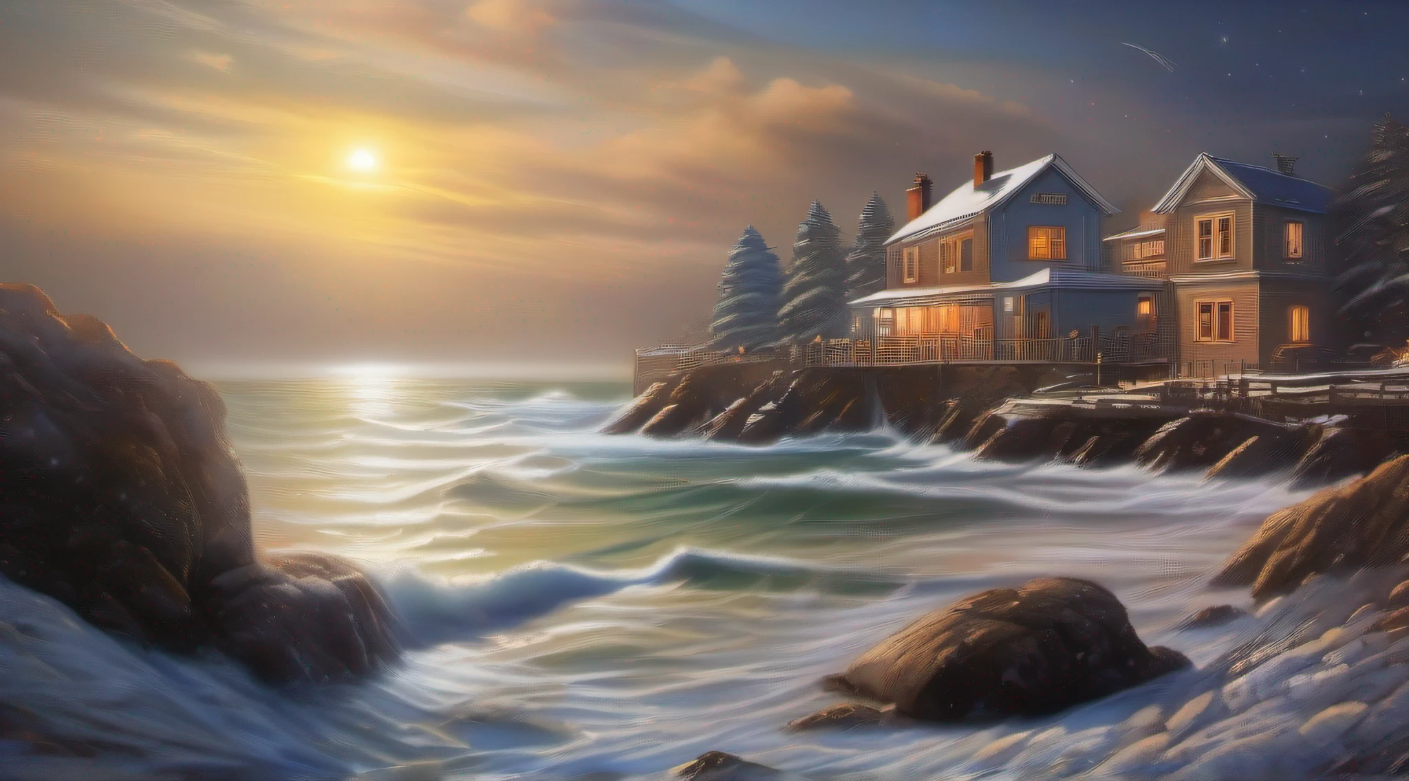 An authentic photographic landscape painting with unparalleled reality, wide view, on the sea, stars, sunlight, winter, light effects, realism, Dennis Sarahin, art station