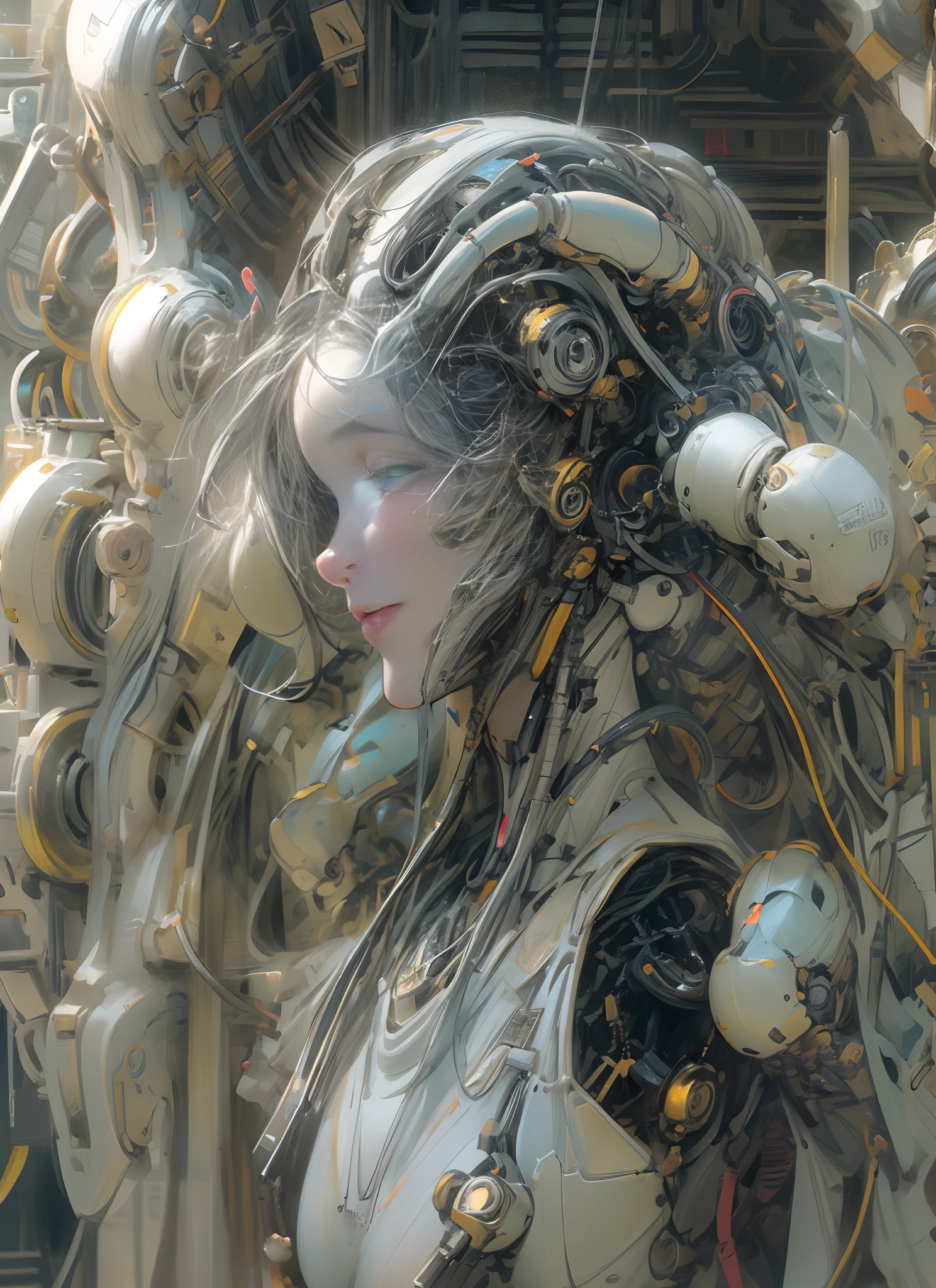 Top Quality, Masterpiece, Ultra High Resolution, ((Photorealistic: 1.4), Raw Photo, 1 cyberpunk android Girl, ((portrait)), Glossy Skin, (Ultra Realistic Details)), transparent plastic covering mechanical limbs, tubes connected to the mechanical parts, mechanical vertebrae attached to the spine, mechanical cervical attachment to the neck, wires and cables connecting to the head, Evangelion, ((Ghost in the Shell)), small glowing LED lamps, global lighting, deep shadows, Octane Rendering, 8K, Ultra Sharp, Metal, Intricate Ornament Details, baroque details, Very intricate details, realistic light, CGSoation trend, facing the camera, neon details, (android manufactory in background), art by H.R. Giger and Alphonse Mucha.