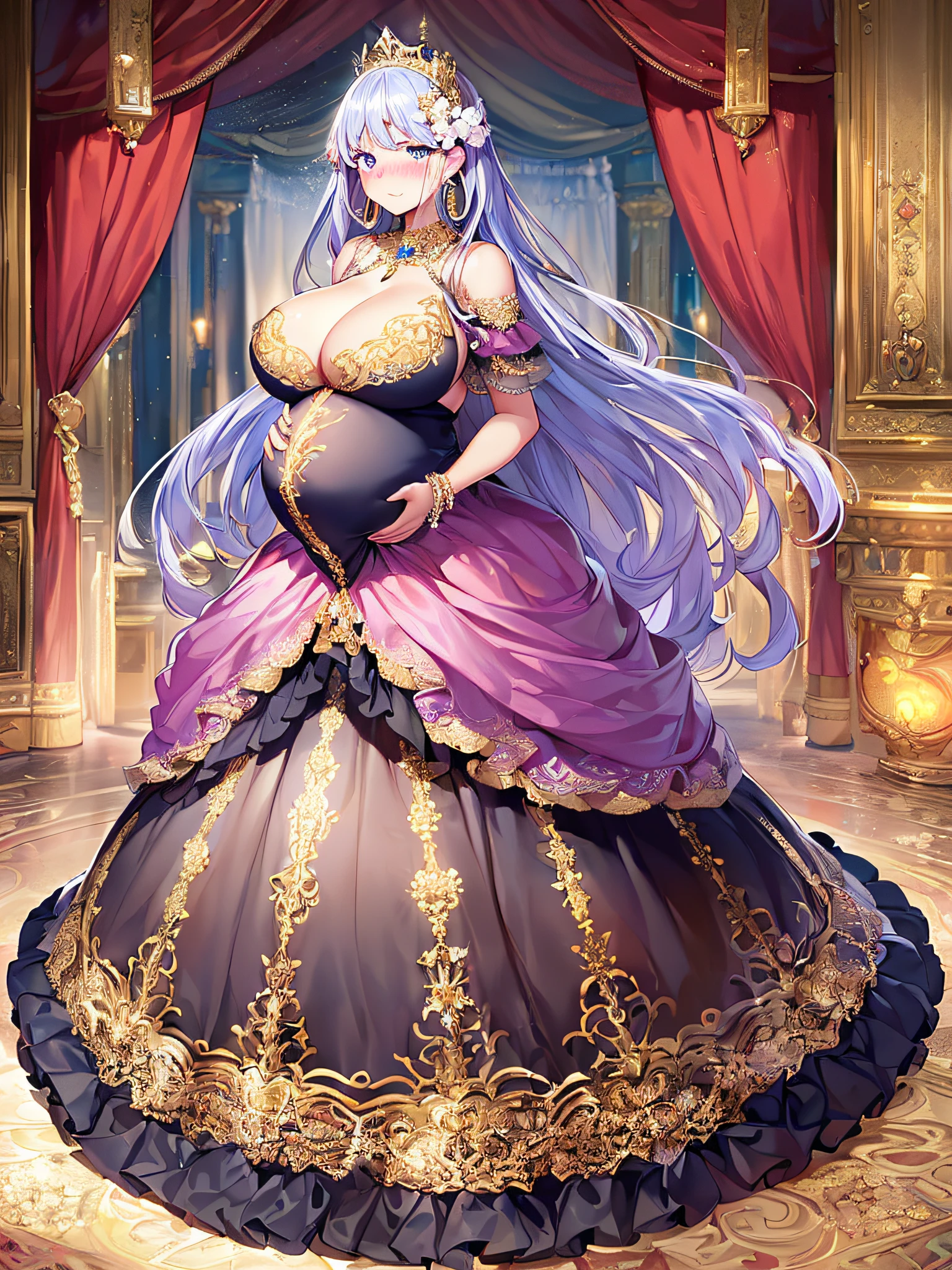 ((anime artstyle)),(Masterpiece),(Best Quality), (Super Detail),((Very Delicate and Beautiful)),(((Solo))),((full body)),(((1 bling-bling pregnant princess in beautiful embroidery and jeweled gorgeous rococo ball gown dress with voluminous full length hoop skirt))),(((heavily pregnant))),very big pregnant belly,((royal bedroom)),((bling-bling)),Long train,(bling-bling gorgeous gemstone jewelry),detailed face and eyes,jewel-like eyes,cry,((embarrassed)),((large amount of straight hair,extremely voluminous Very Long Hair,Very Long Straight Hair)),(((gigantic tits,Long tits))),cleavage,(gorgeousfull embroidery and lace),gorgeous corsage,See-through,extremely gorgeousfull hair ornament,((bling-bling extremely gorgeousfull jeweled tiara)),ornate ruffles,(hoop skirt,crinoline),((Dynamic Angle)),Looking at viewer,((full body)),((beautiful embroidery and jeweled extremely gorgeous rococo ball gown dress with voluminous full length hoop skirt))