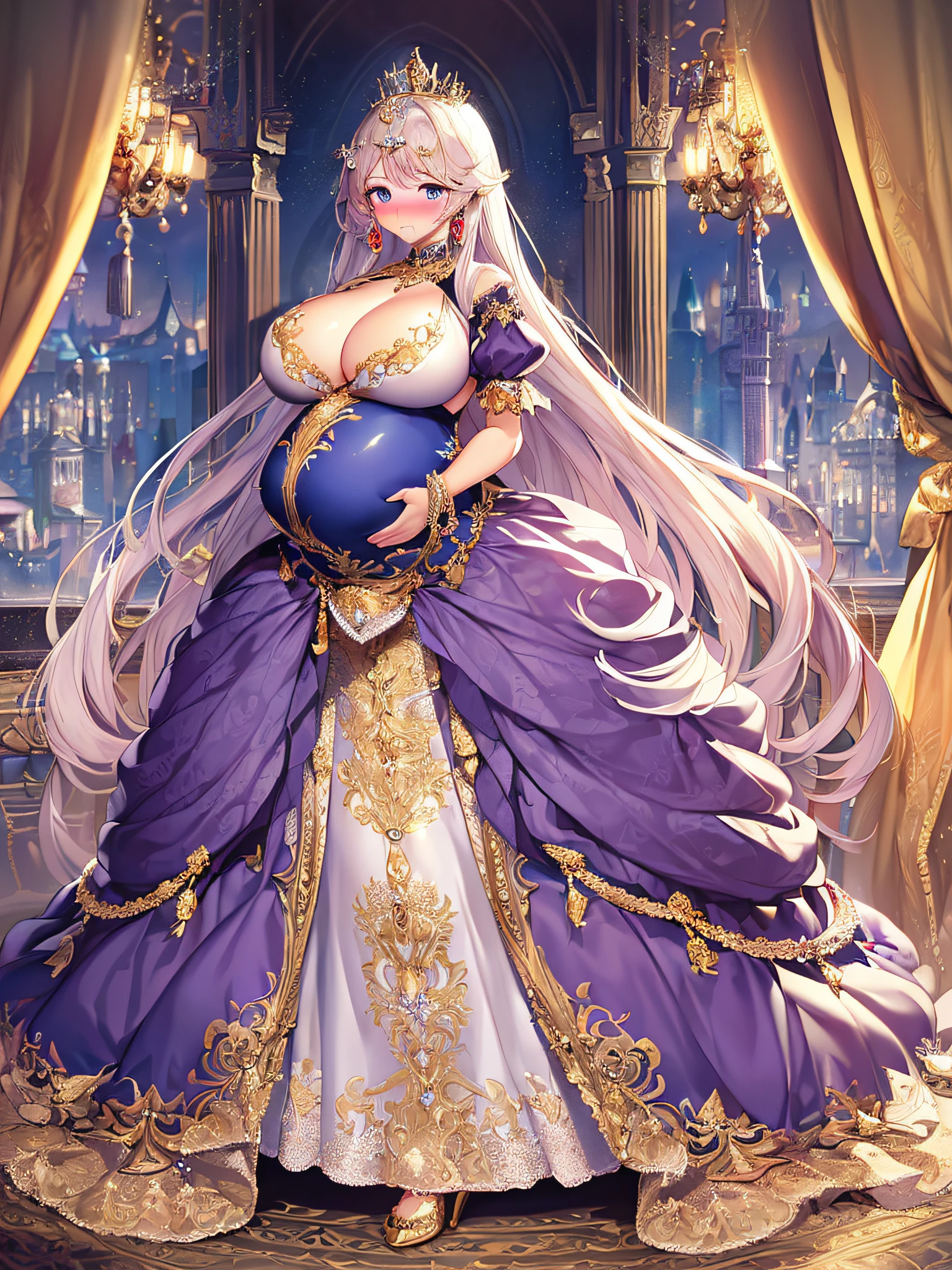 ((anime artstyle)),(Masterpiece),(Best Quality), (Super Detail),((Very Delicate and Beautiful)),(((Solo))),((full body)),(((1 bling-bling pregnant princess in beautiful embroidery and jeweled gorgeous rococo ball gown dress with voluminous full length hoop skirt))),(((heavily pregnant))),very big pregnant belly,((royal bedroom)),((bling-bling)),Long train,(bling-bling gorgeous gemstone jewelry),detailed face and eyes,jewel-like eyes,cry,((embarrassed)),((large amount of straight hair,extremely voluminous Very Long Hair,Very Long Straight Hair)),(((gigantic tits,Long tits))),cleavage,(gorgeousfull embroidery and lace),gorgeous corsage,See-through,extremely gorgeousfull hair ornament,((bling-bling extremely gorgeousfull jeweled tiara)),ornate ruffles,(hoop skirt,crinoline),((Dynamic Angle)),Looking at viewer,((full body)),((beautiful embroidery and jeweled extremely gorgeous rococo ball gown dress with voluminous full length hoop skirt))