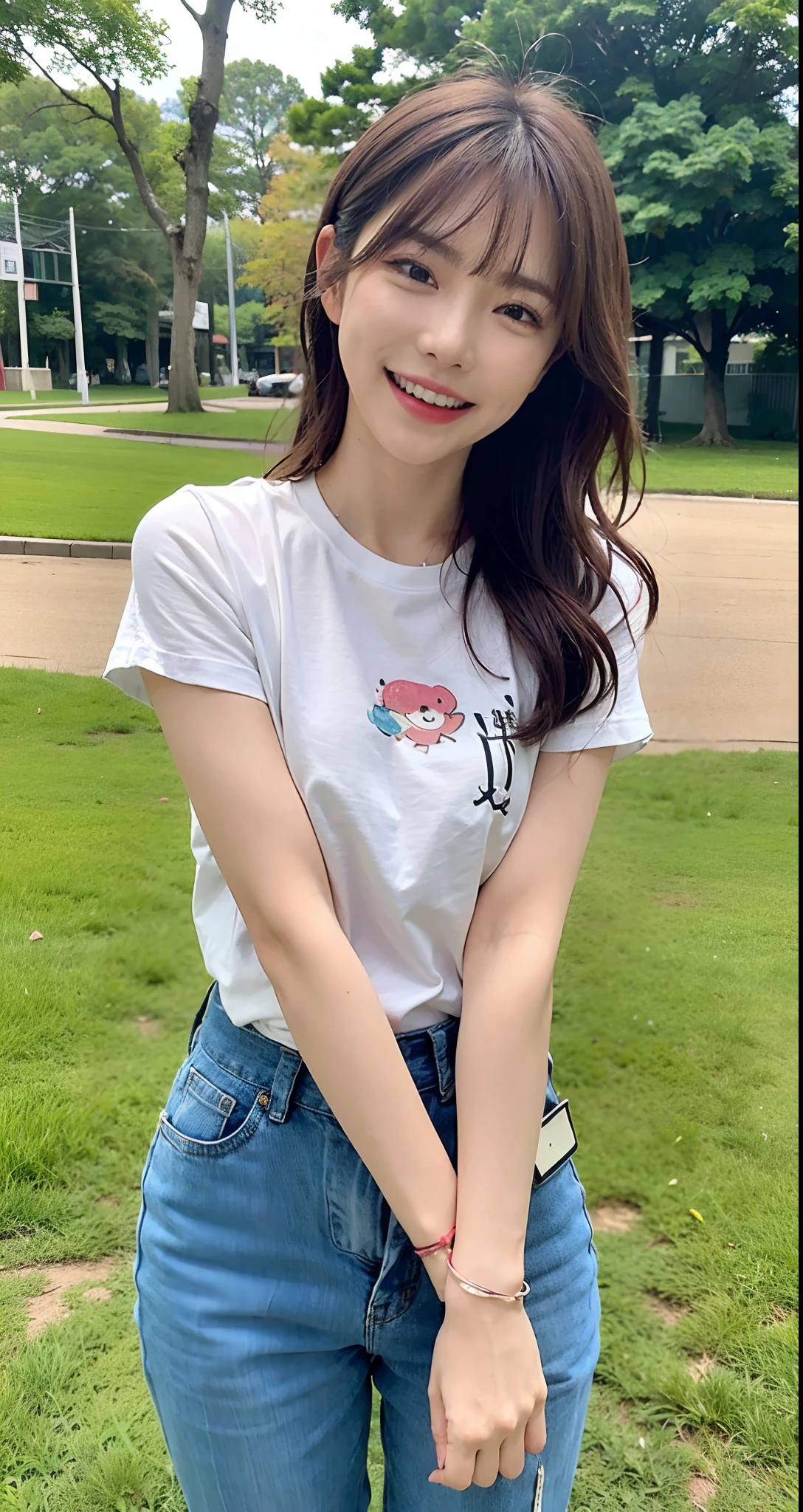 (top-quality、masterpiece)、Various poses、(((be shy)))、NSFW、T-shirts and pants、8K、 1 人、Staring at this、(((Shy laughter)))、a park、First time shooting 、looking at viewert、Wavy、