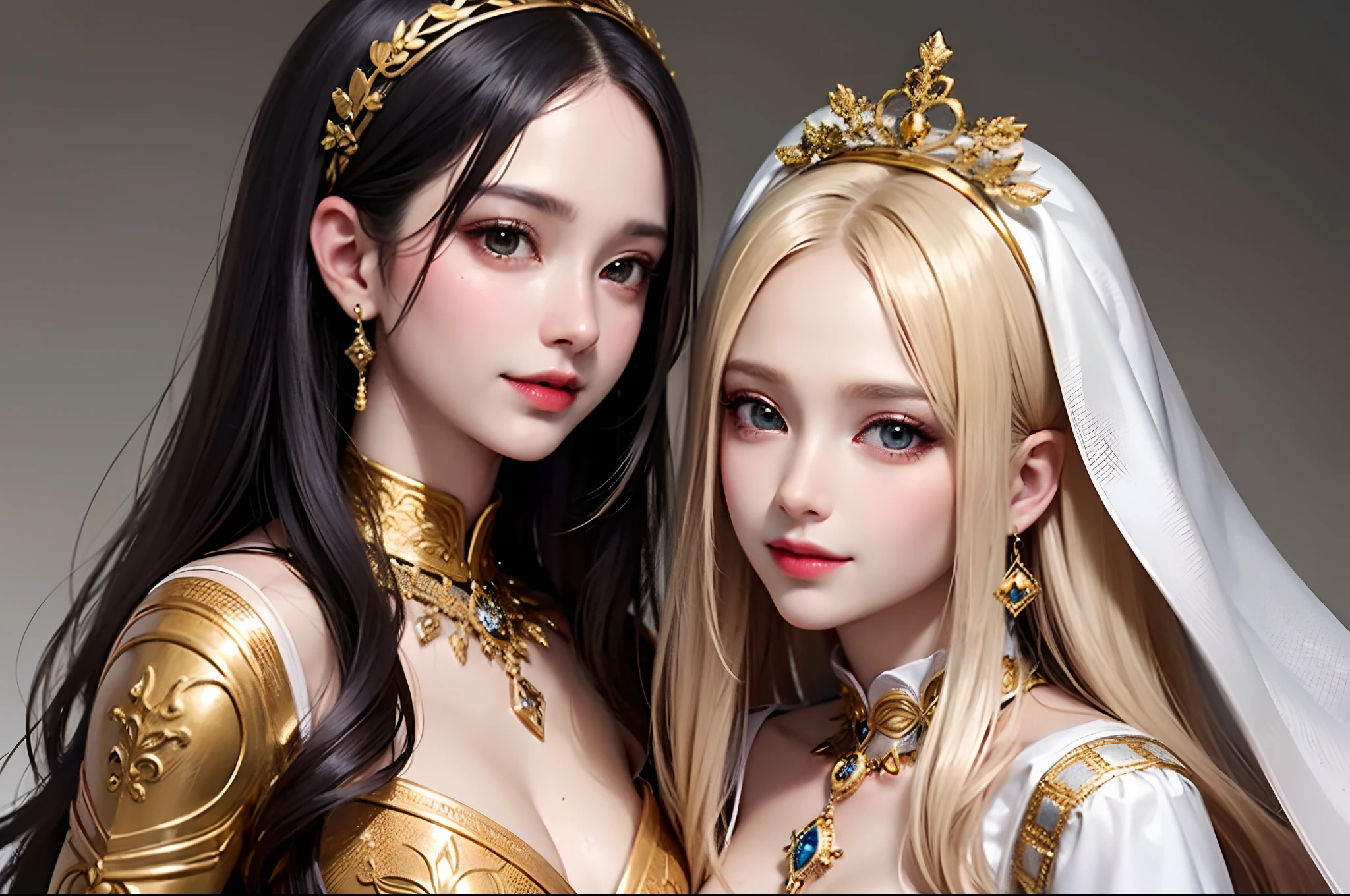 2 women aligned, smile, jewel, gorgeous, splendid, luxurious, (golden), goddess, motherhood, queen, drill hair, (forehead), saints, mature women, embroidery, cape, white dress, gleaming skin, detailed pupils, perfect eyes, perfect face, (((face focus))), Simple Background, masterpiece, official, best quality, high resolution, all intricate,