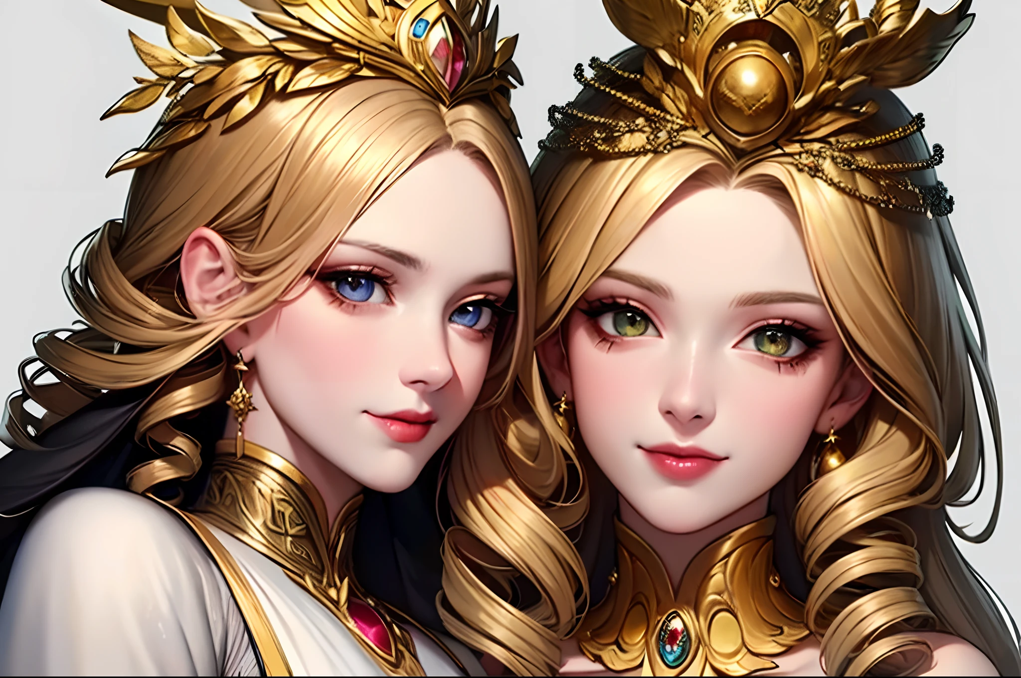2 women aligned, smile, jewel, gorgeous, splendid, luxurious, (golden), goddess, motherhood, queen, drill hair, (forehead), saints, mature women, embroidery, cape, white dress and gloves, gleaming skin, detailed pupils, perfect eyes, perfect face, (((face focus))), Simple Background, masterpiece, official, best quality, high resolution, all intricate,