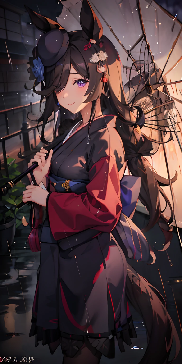女の子1人((under the rain))、Black hair(long)、Purple Eye、Marl、Horse's tail((black horse tail))、Hidden in the hair of one eye、Japanese dress((Yukata))、averi((Large vivid Japanese umbrella))、portlate、side lights、wall-paper、NSFW、Background night、Night sky with heavy rain、rain is falling((It's raining a lot))、Foggy((drizzle rain))、A smile、Happiness